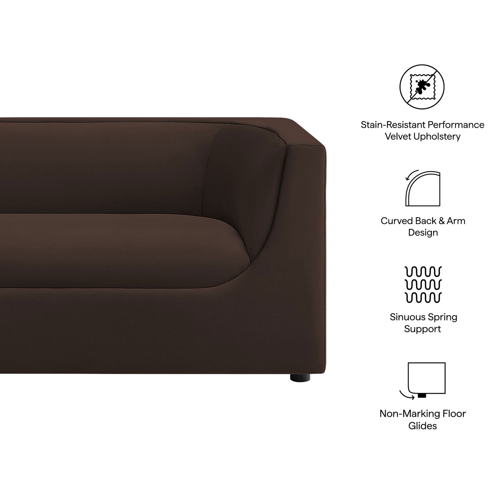 Feature graphic highlighting stain-resistant velvet, curved back design, spring support, and floor-safe glides || EEI-7565-CHB || callout_studio
