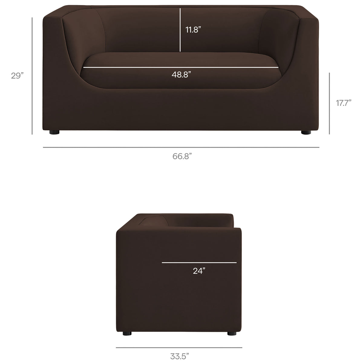 Dimension diagram of the curved-back loveseat showing overall width, depth, seat height, and back height measurements || EEI-7565-CHB || dimension_studio