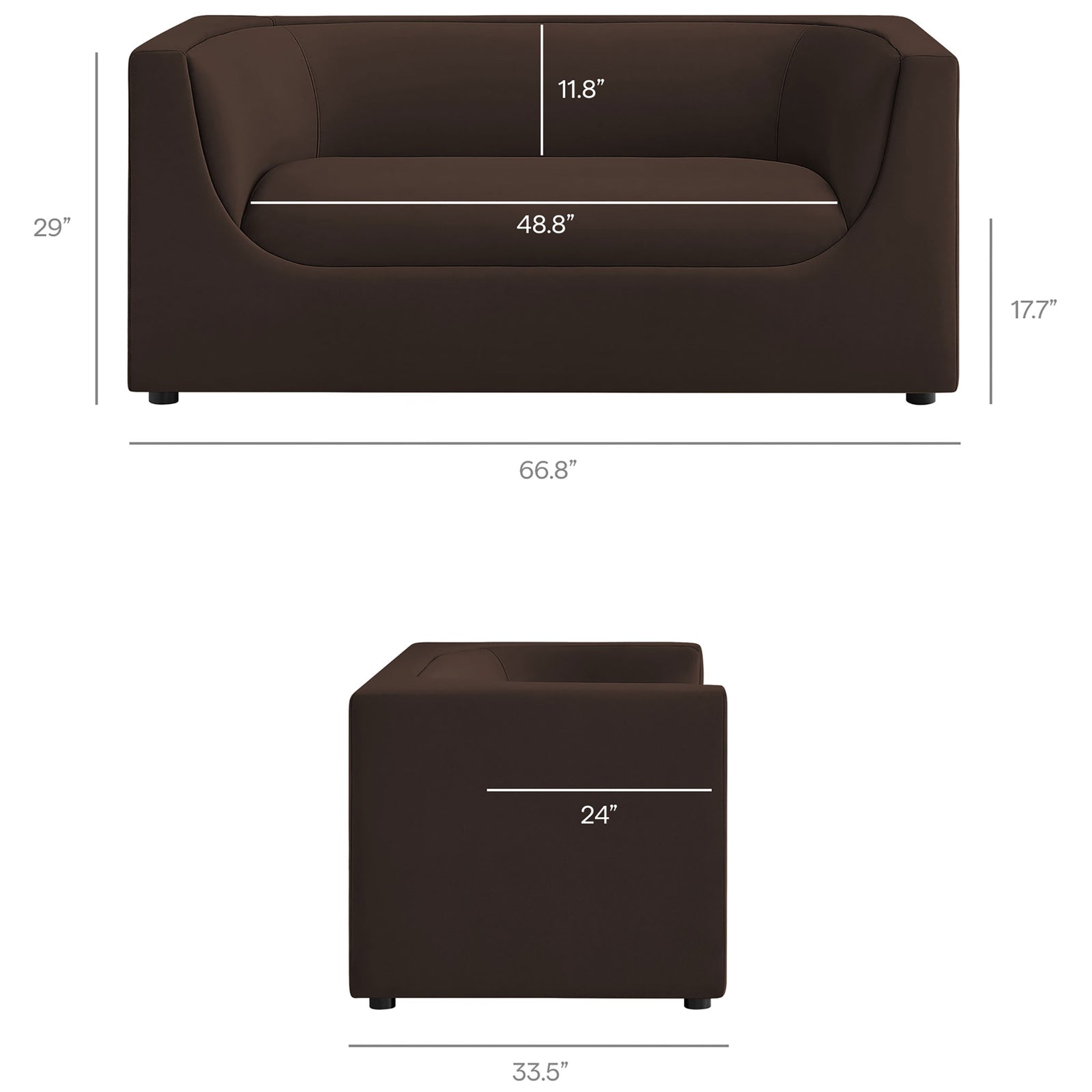 Dimension diagram of the curved-back loveseat showing overall width, depth, seat height, and back height measurements || EEI-7565-CHB || dimension_studio