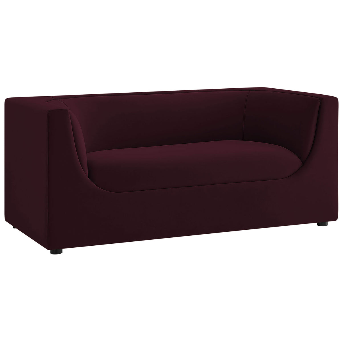 Curved back mulberry velvet loveseat with sculpted arms and a clean, boxy silhouette || EEI-7565-MUL || front_angle_studio