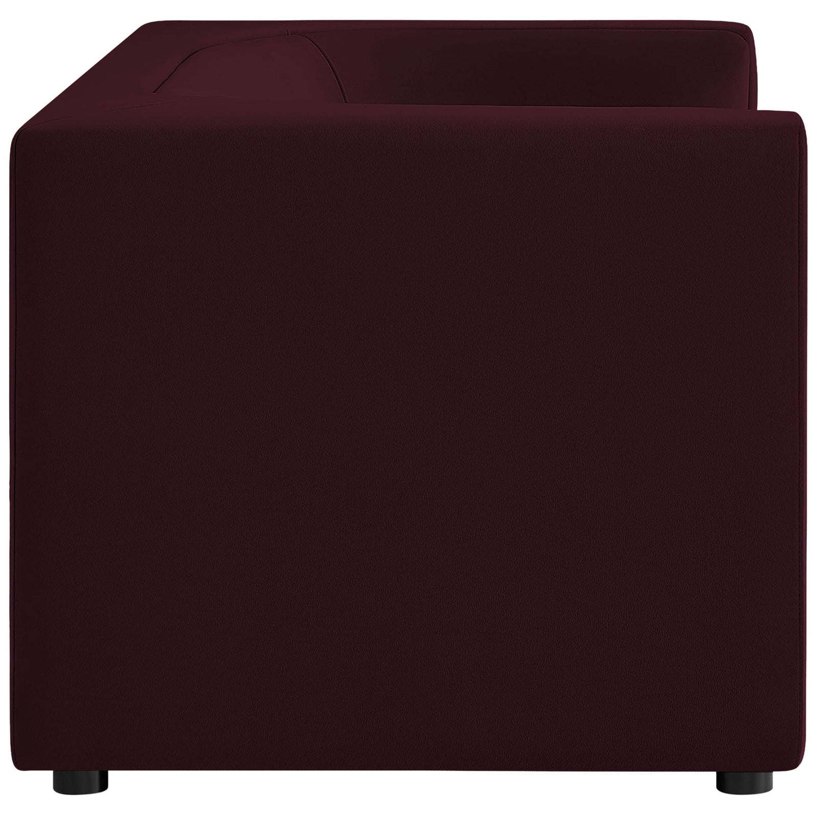 Mulberry velvet loveseat side profile with thick arms and tailored, modern lines || EEI-7565-MUL || side_studio