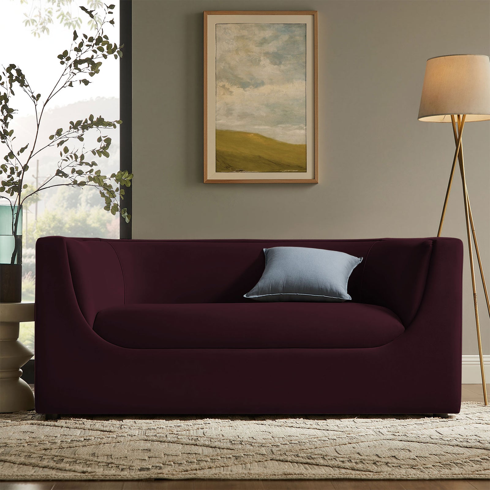 Mulberry velvet loveseat anchor for a modern living room with neutral rug, artwork, and floor lamp || EEI-7565-MUL || front_room