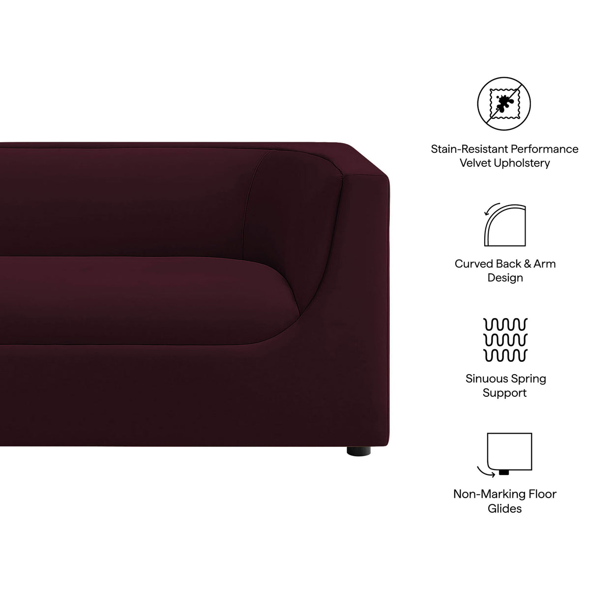 Mulberry velvet loveseat featuring stain resistant performance fabric, curved back, spring support, and non marking glides || EEI-7565-MUL || callout_studio