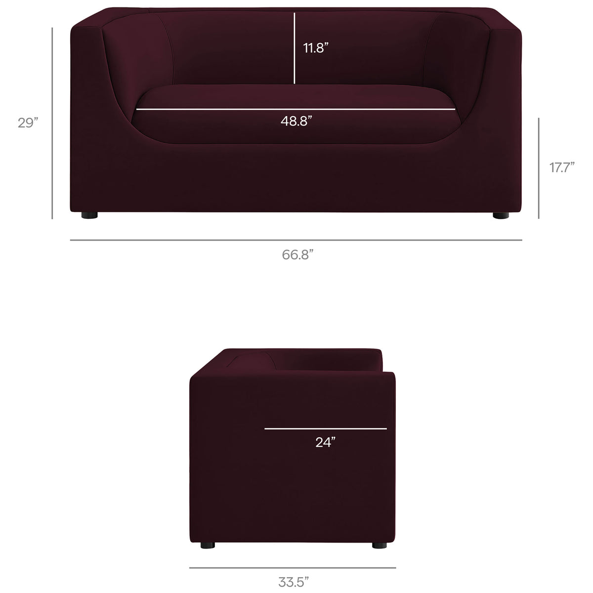 Dimensions of the mulberry velvet loveseat showing overall width, depth, seat height, and back height || EEI-7565-MUL || dimension_studio