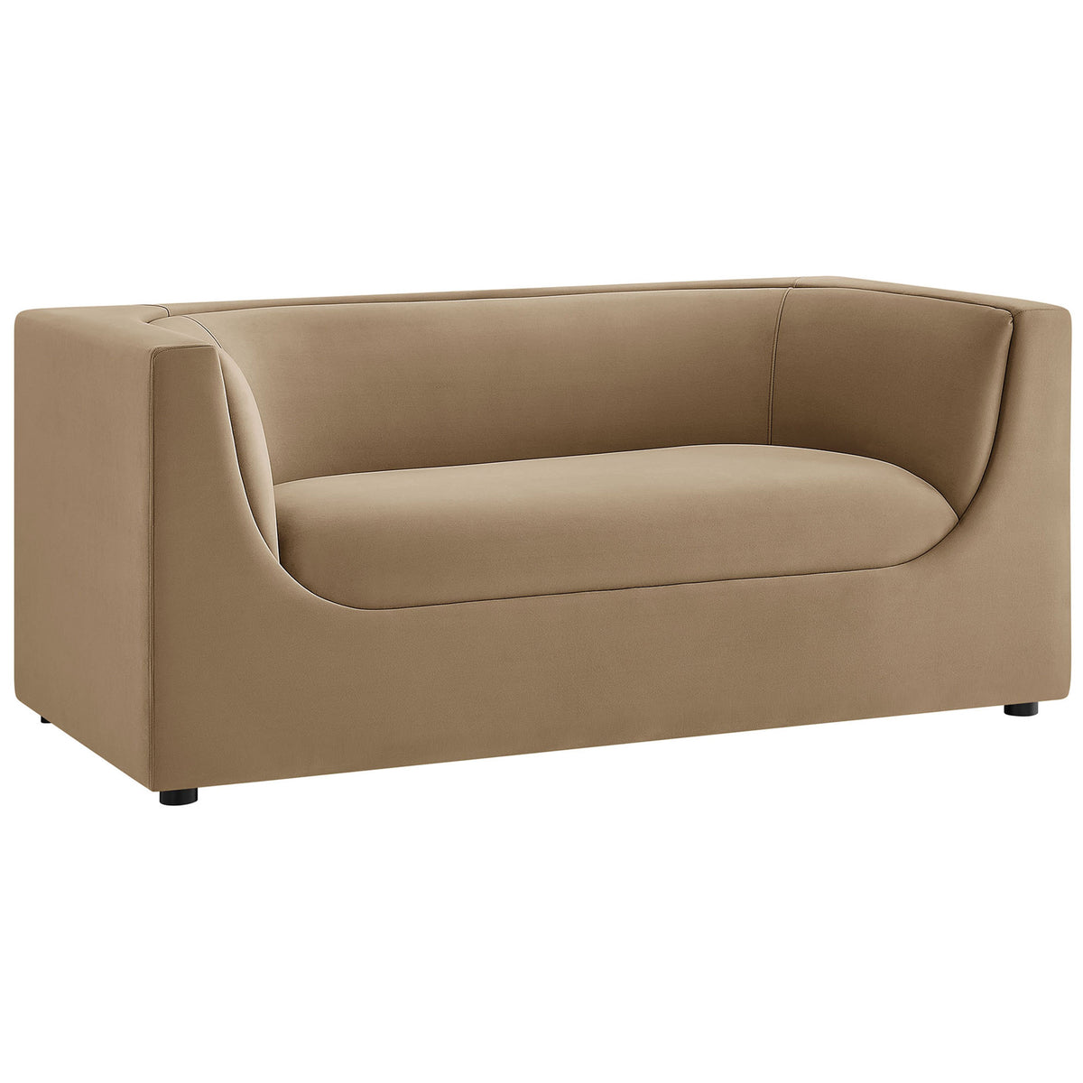 Curved taupe velvet loveseat with wraparound back and gently sloped arms on low profile base || EEI-7565-TAU || front_angle_studio