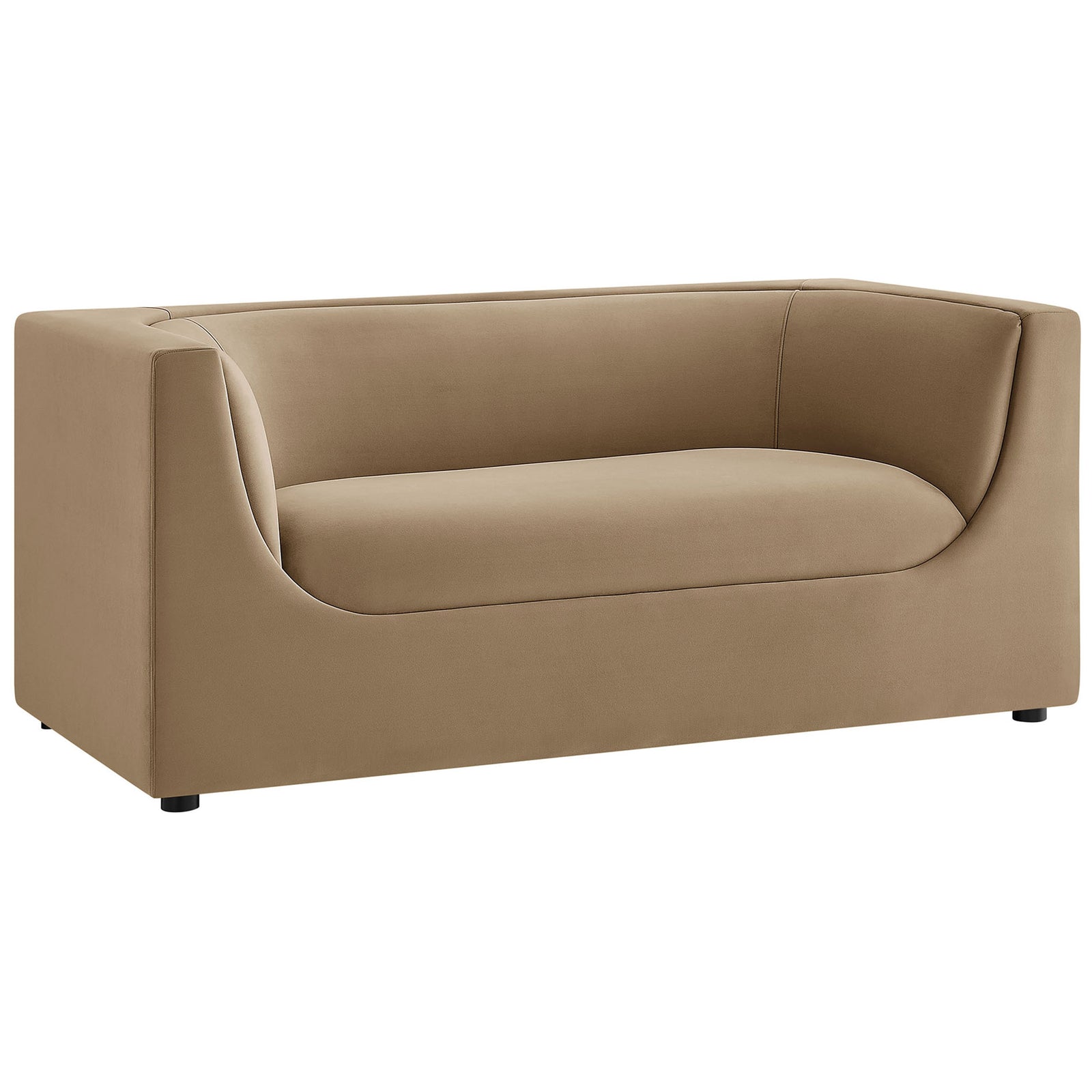 Curved taupe velvet loveseat with wraparound back and gently sloped arms on low profile base || EEI-7565-TAU || front_angle_studio