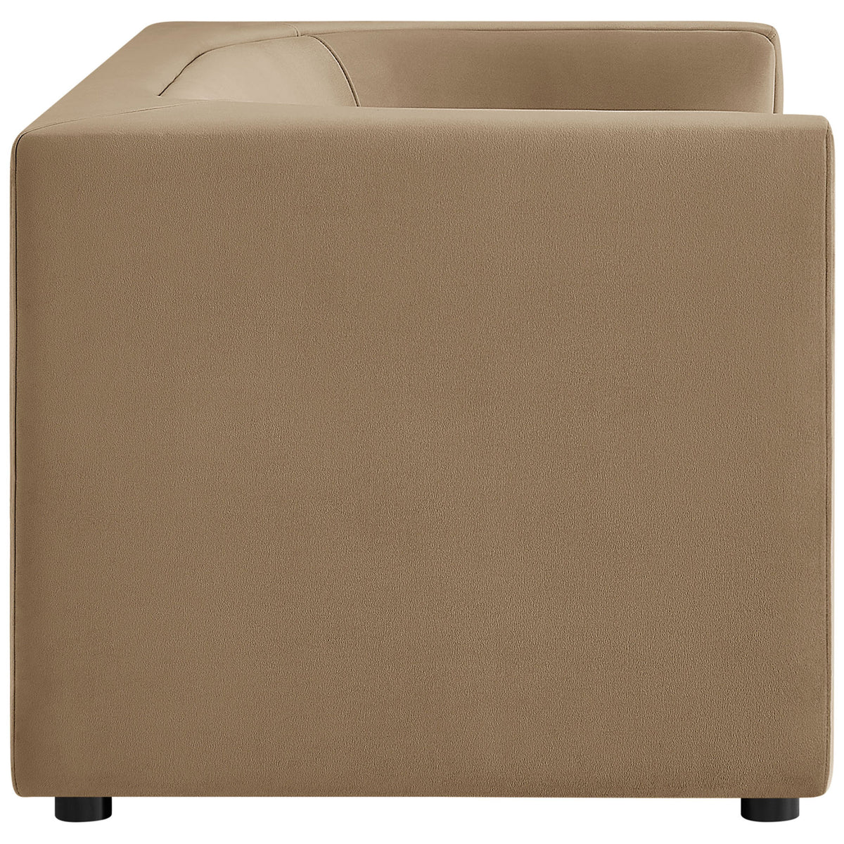 Boxy taupe velvet loveseat highlighting the thick track arm and smooth tailored side panel || EEI-7565-TAU || side_studio