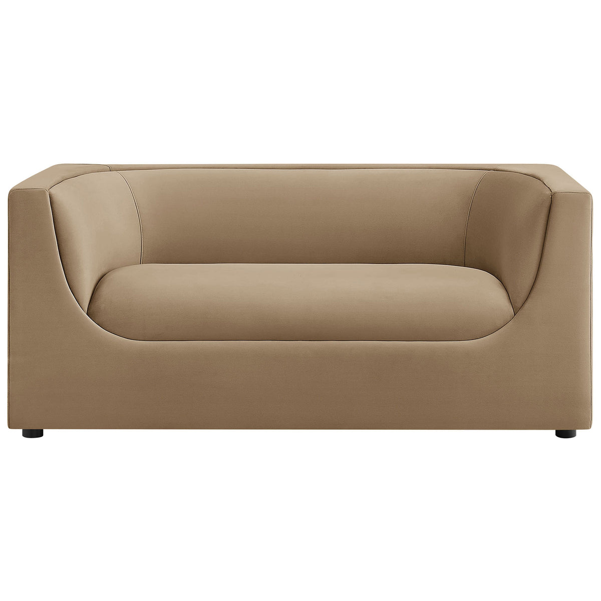 Taupe velvet loveseat with sculpted curved back, deep seat, and clean modern cube silhouette || EEI-7565-TAU || front_studio