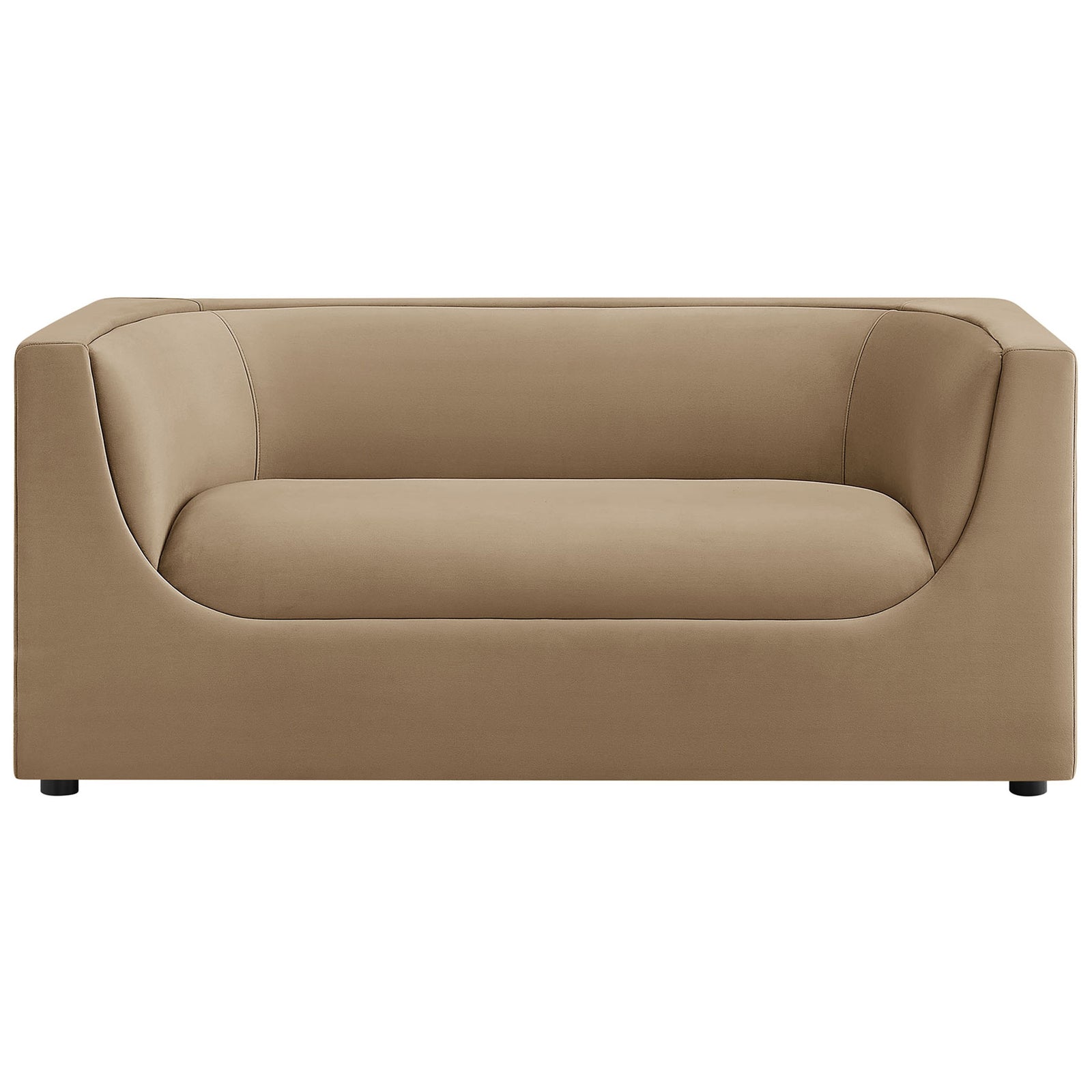 Taupe velvet loveseat with sculpted curved back, deep seat, and clean modern cube silhouette || EEI-7565-TAU || front_studio