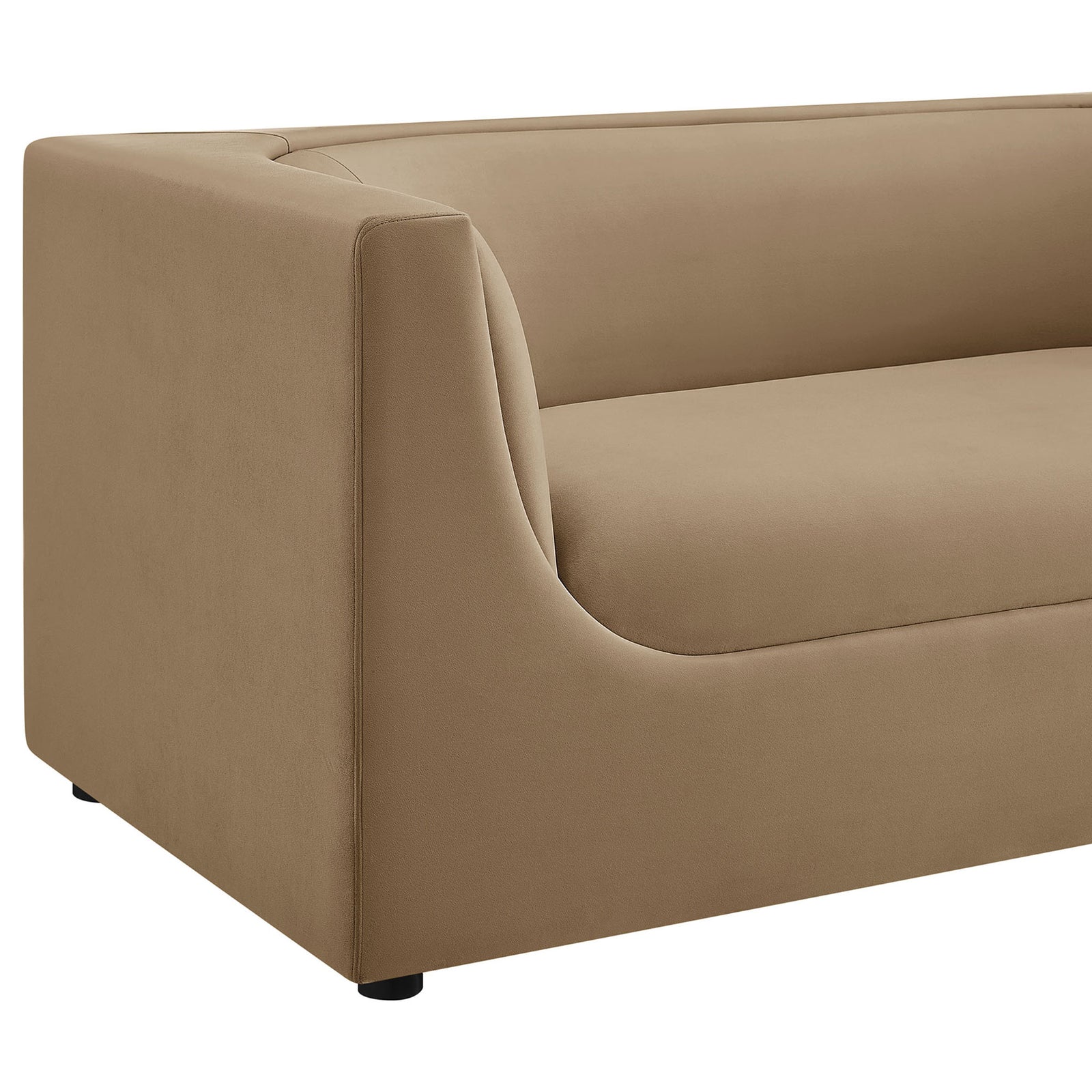 Detail of taupe velvet loveseat arm with soft curves and neatly tailored piped seams || EEI-7565-TAU || detail_studio