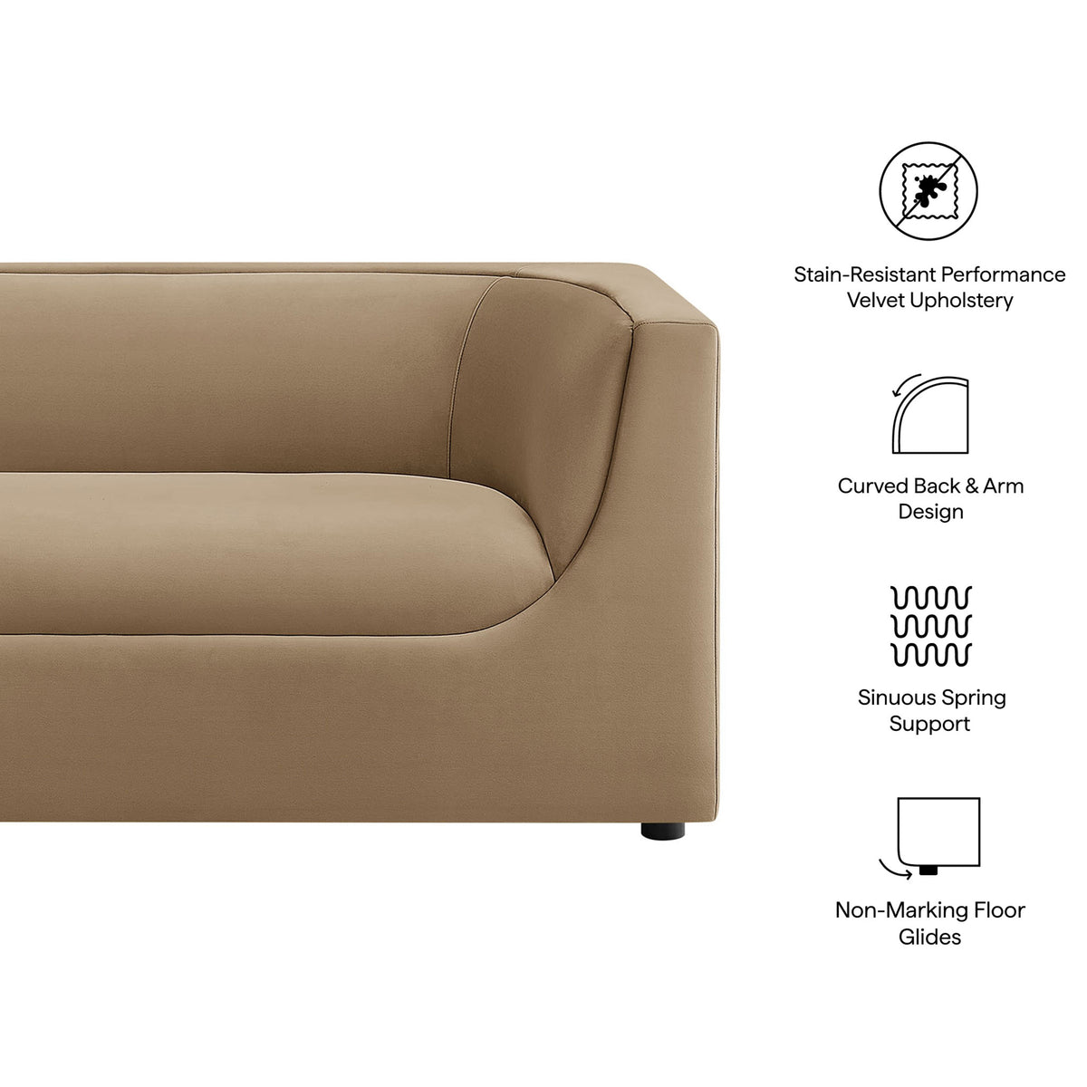 Feature graphic of taupe performance velvet loveseat highlighting curved back, spring support, and floor glides || EEI-7565-TAU || callout_studio