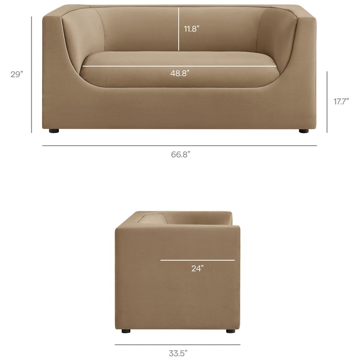 Dimension diagram of taupe curved-back loveseat with width, height, and seat measurements labeled || EEI-7565-TAU || dimension_studio