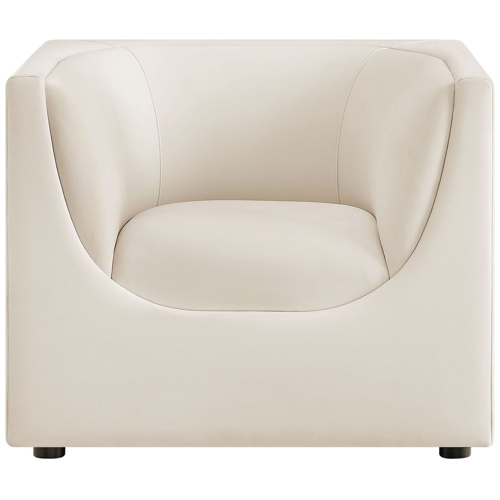 Sculptural cube armchair with a curved barrel back in alabaster performance velvet for modern, plush comfort || EEI-7566-ALA || front_studio