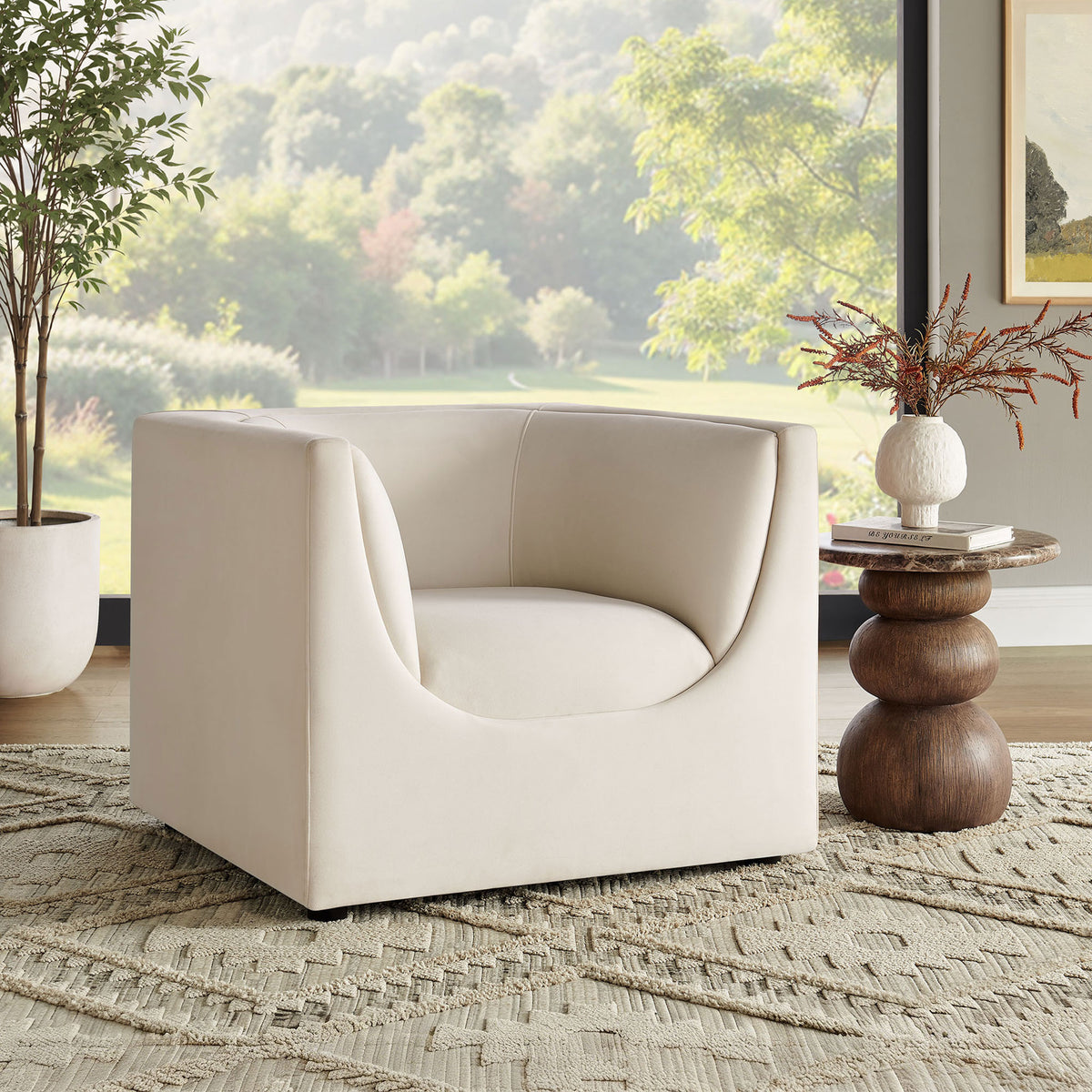 Alabaster velvet armchair brings soft texture and graphic curves to contemporary living spaces || EEI-7566-ALA || front_angle_room