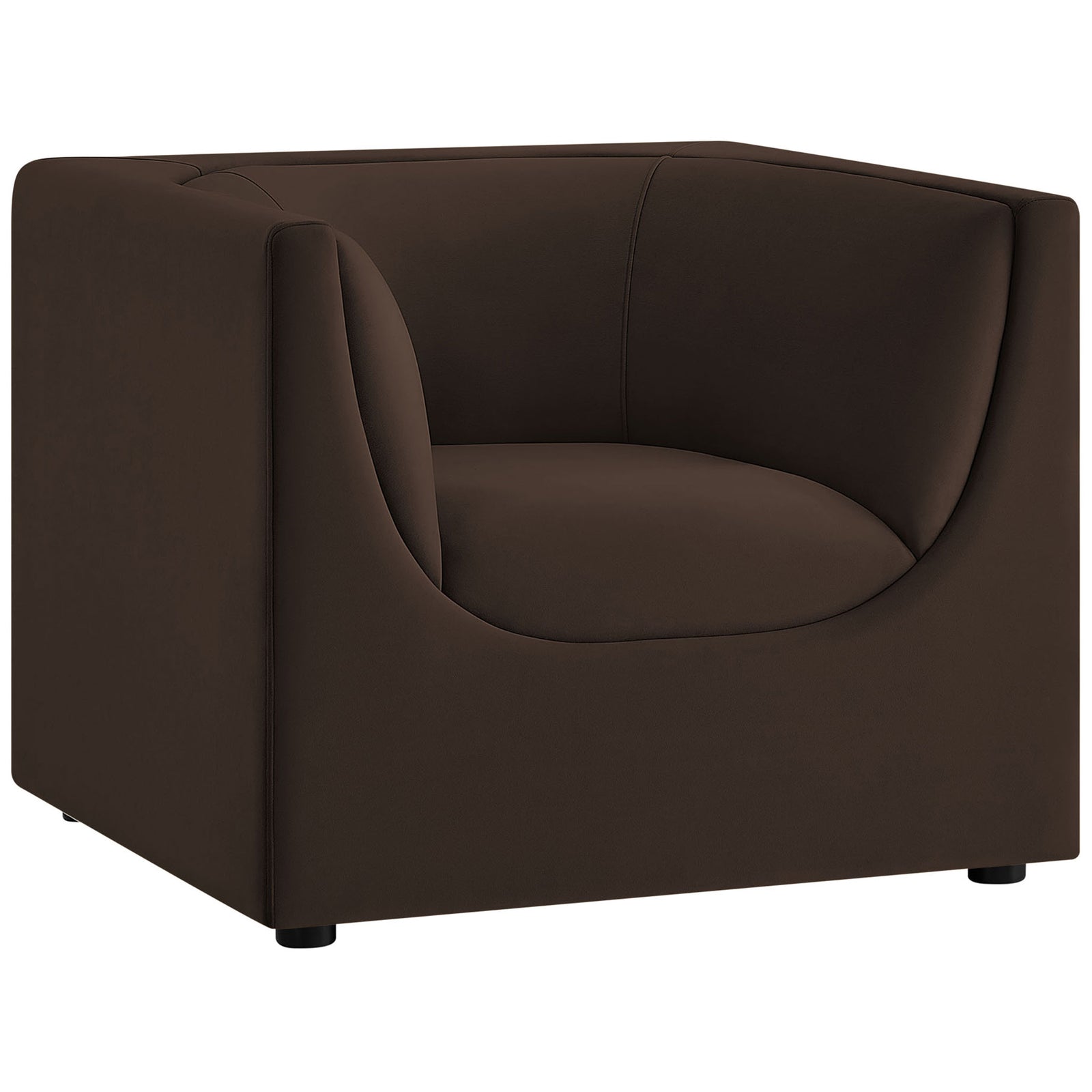 Curved-back chocolate velvet armchair with barrel arms and a bold modern cube silhouette || EEI-7566-CHB || front_angle_studio