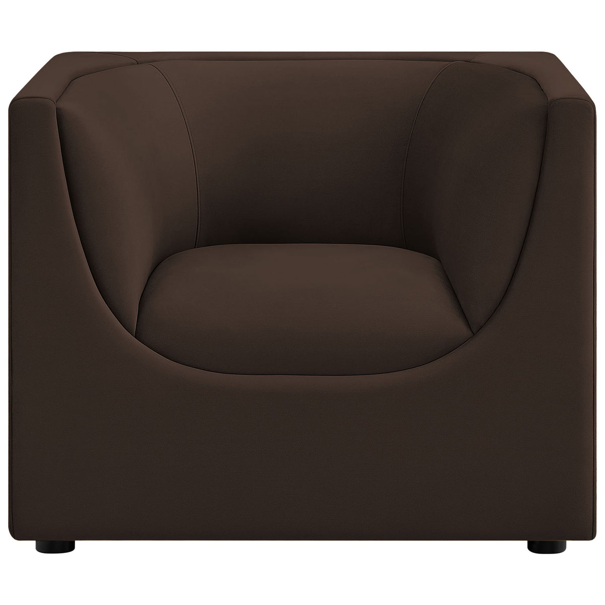 Chocolate velvet armchair with a deep cushioned seat and gently contoured armrests || EEI-7566-CHB || front_studio