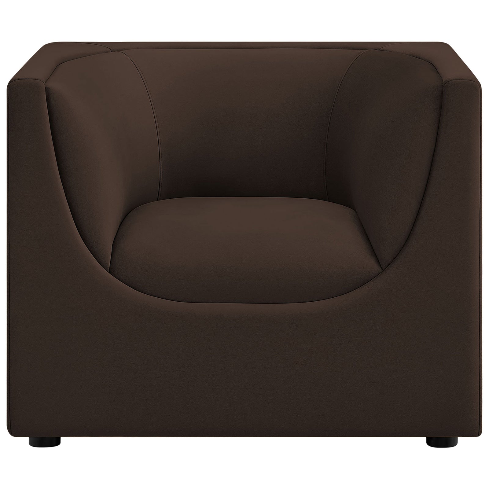 Chocolate velvet armchair with a deep cushioned seat and gently contoured armrests || EEI-7566-CHB || front_studio
