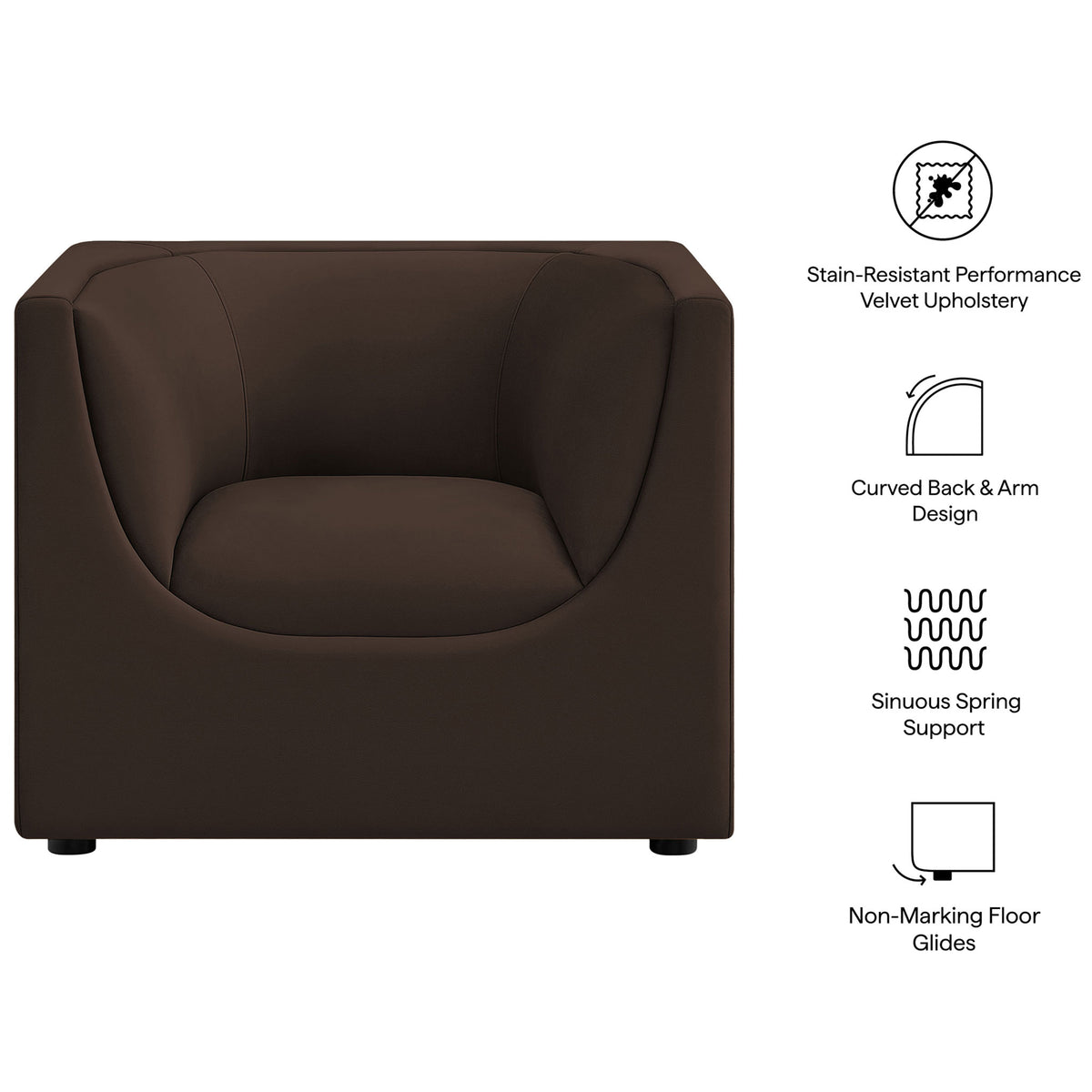 Stain-resistant velvet, curved-back design, and non-marking glides offer everyday ease || EEI-7566-CHB || callout_studio