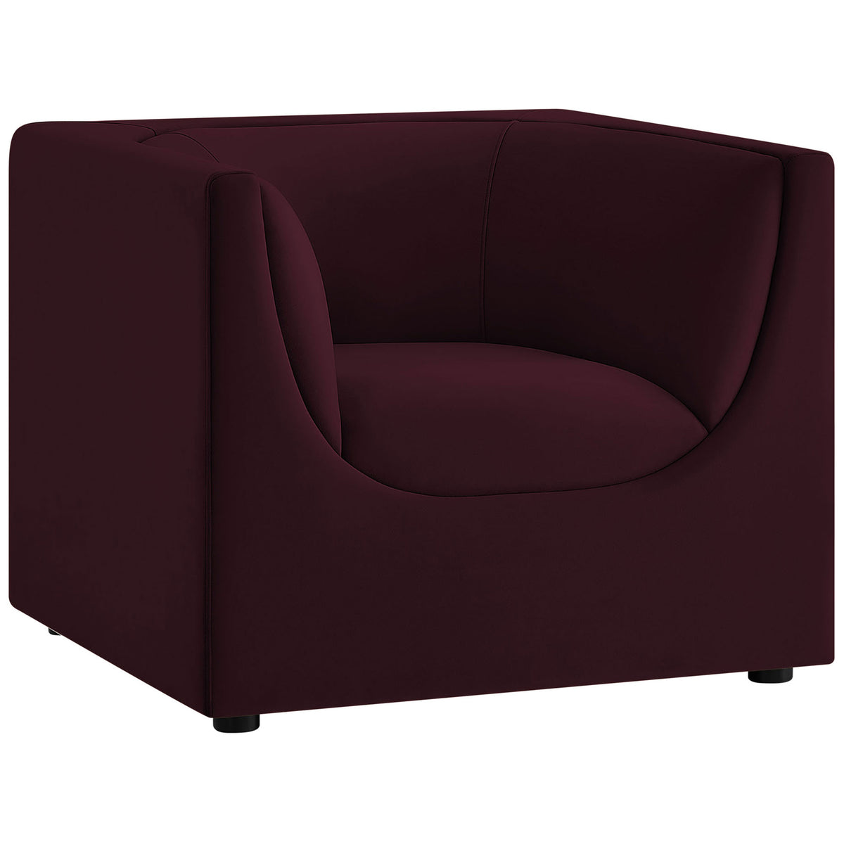 Curved mulberry velvet armchair with sculpted wraparound back and plush seat || EEI-7566-MUL || front_angle_studio