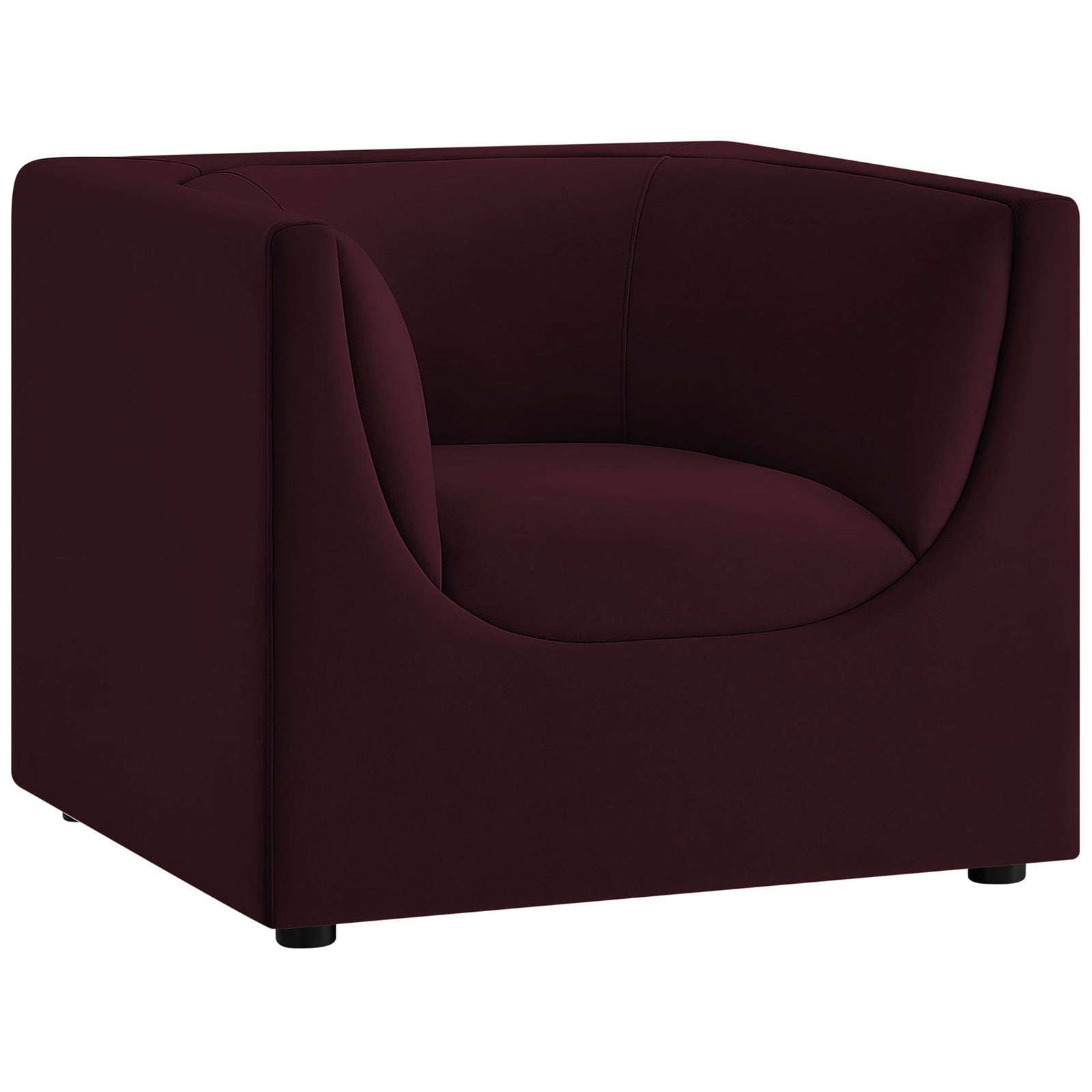 Curved mulberry velvet armchair with sculpted wraparound back and plush seat || EEI-7566-MUL || front_angle_studio