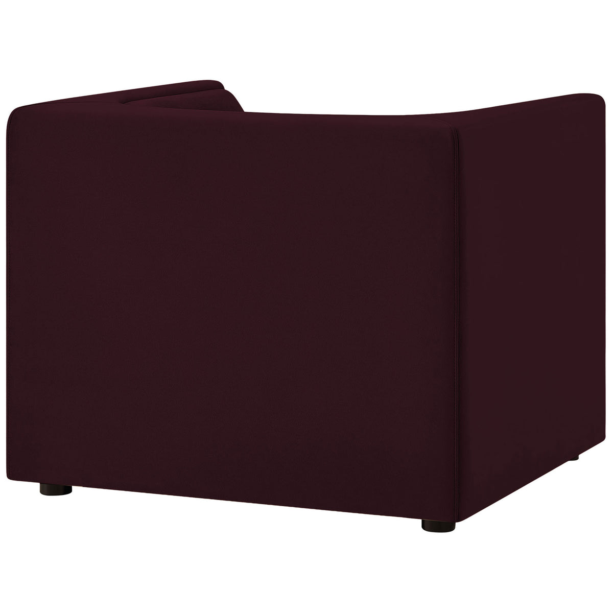 Minimalist cube armchair in mulberry velvet with clean back panels and low feet || EEI-7566-MUL || back_angle_studio
