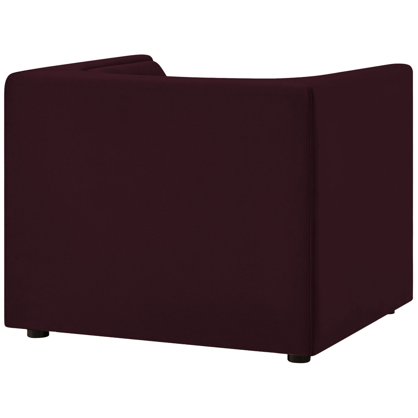 Minimalist cube armchair in mulberry velvet with clean back panels and low feet || EEI-7566-MUL || back_angle_studio