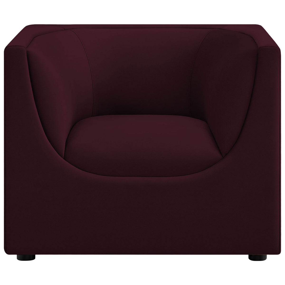 Inviting barrel-style armchair in rich mulberry velvet with generous seat and rounded arms || EEI-7566-MUL || front_studio