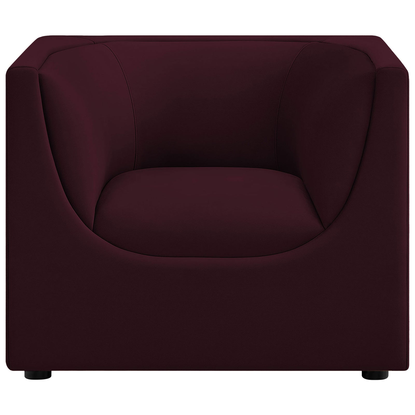 Inviting barrel-style armchair in rich mulberry velvet with generous seat and rounded arms || EEI-7566-MUL || front_studio