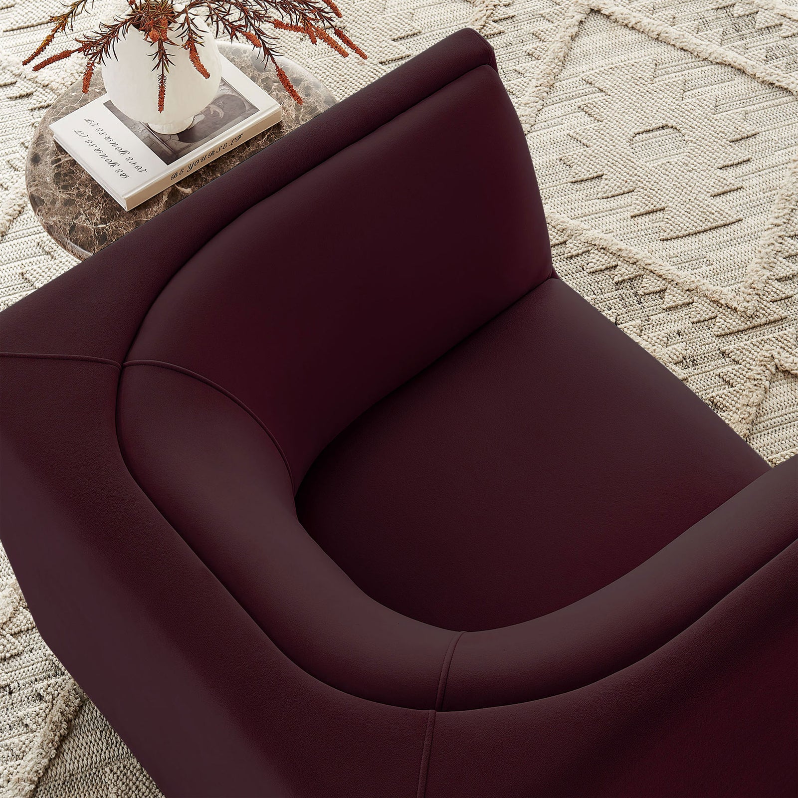 Mulberry velvet chair with curved back and smooth tailoring styled for modern living || EEI-7566-MUL || detail_room