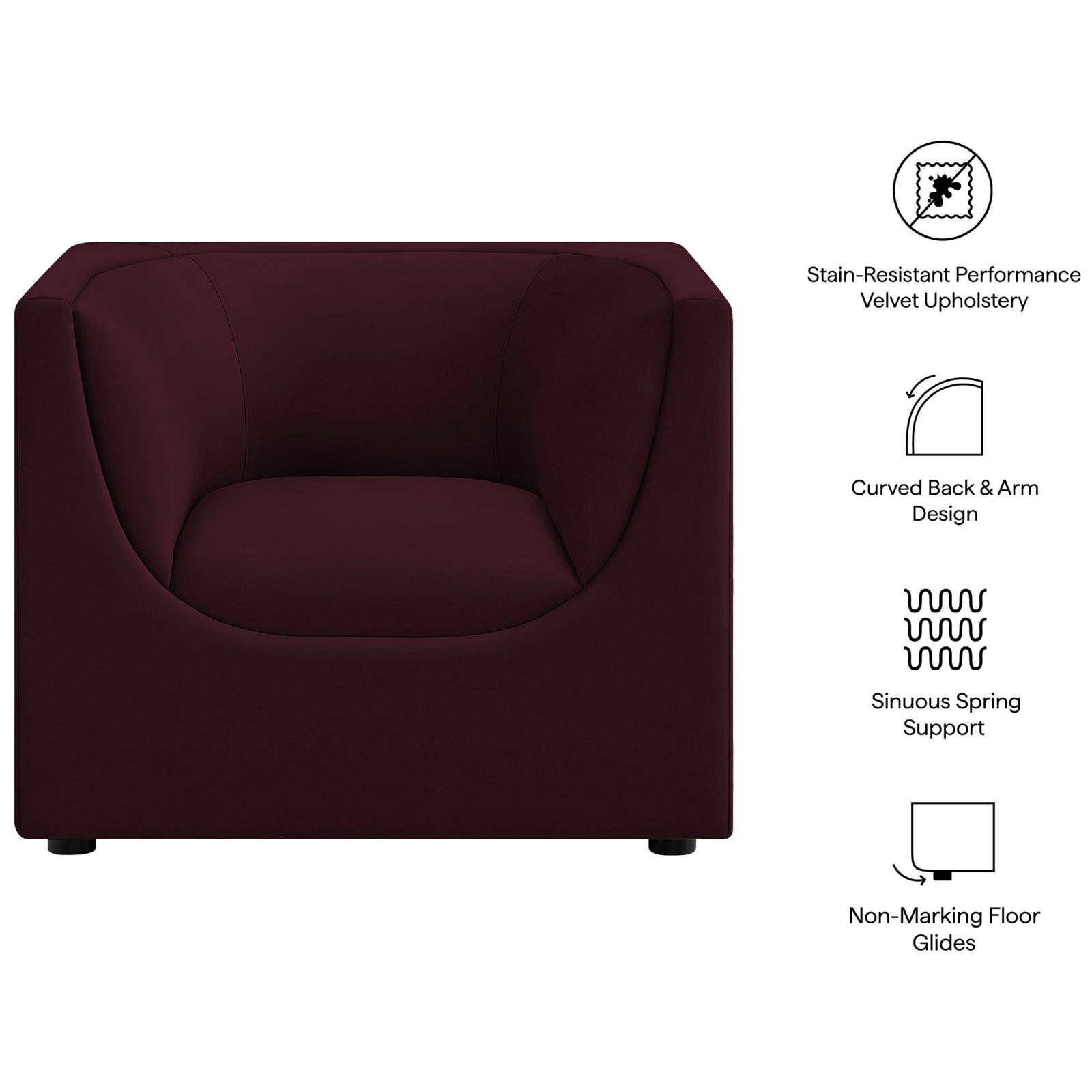 Performance velvet armchair features curved back, sinuous springs, and non-marking glides || EEI-7566-MUL || callout_studio