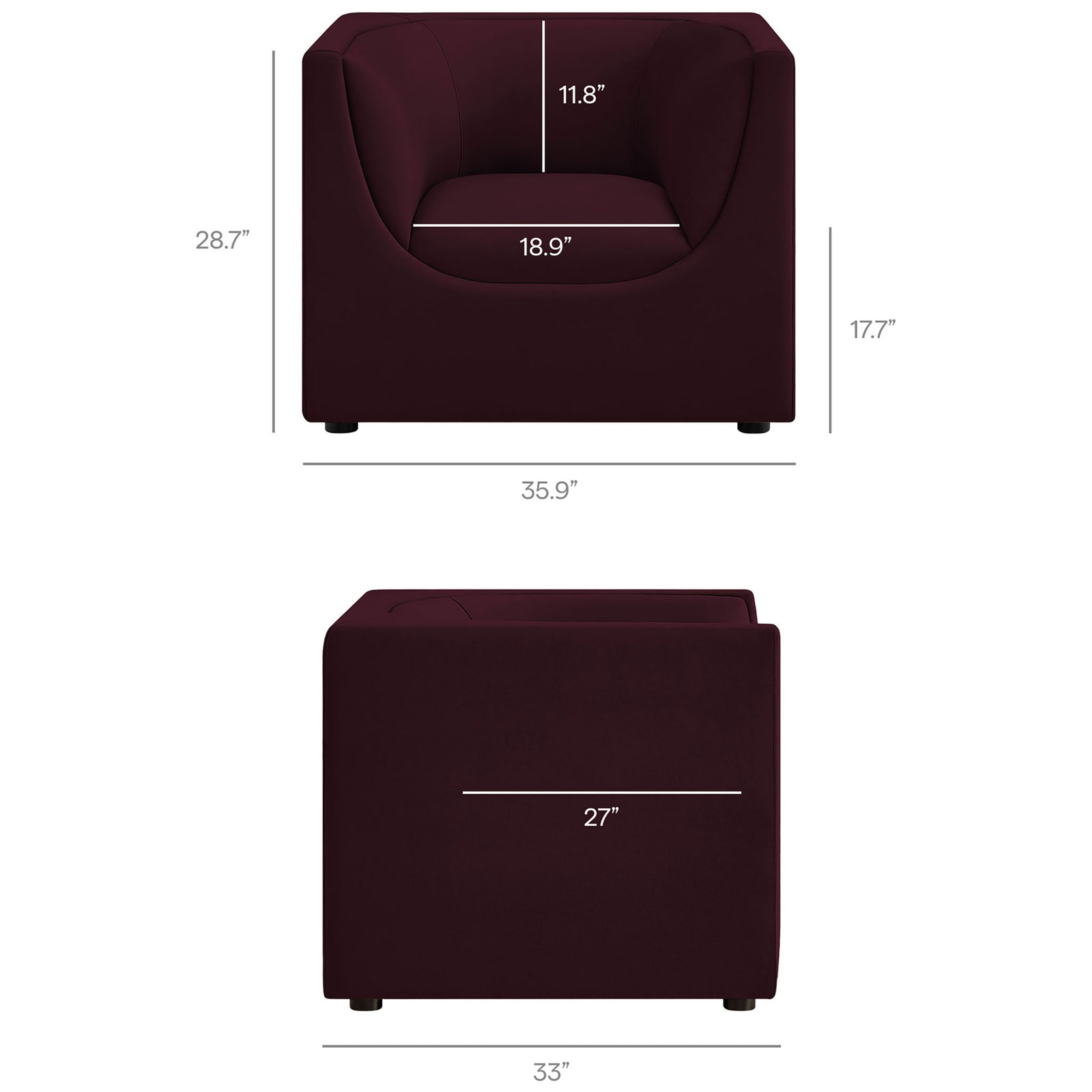 Armchair dimensions with seat height and interior depth for easy planning || EEI-7566-MUL || dimension_studio