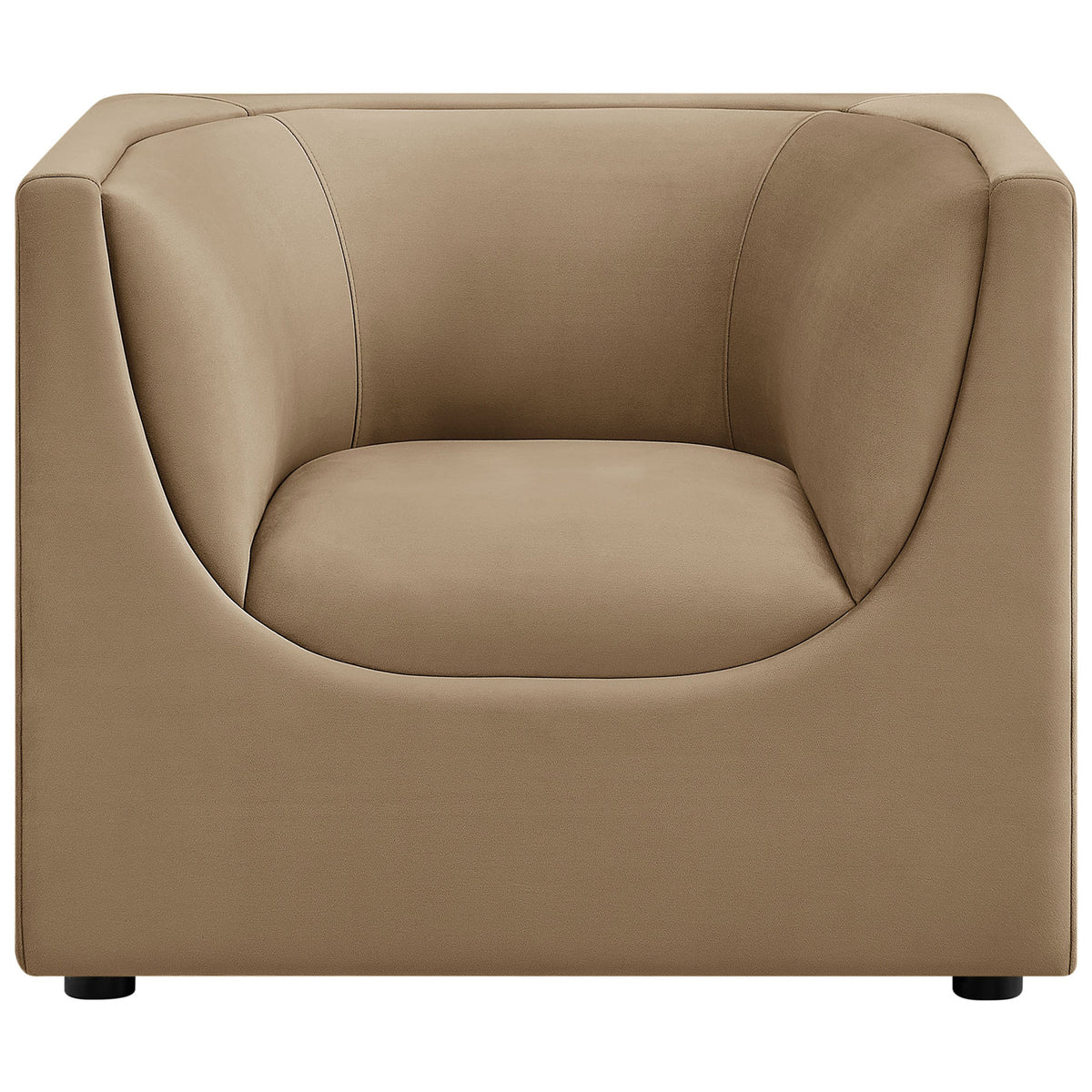 Taupe performance velvet armchair with sculpted wraparound back and plush seat. || EEI-7566-TAU || front_studio