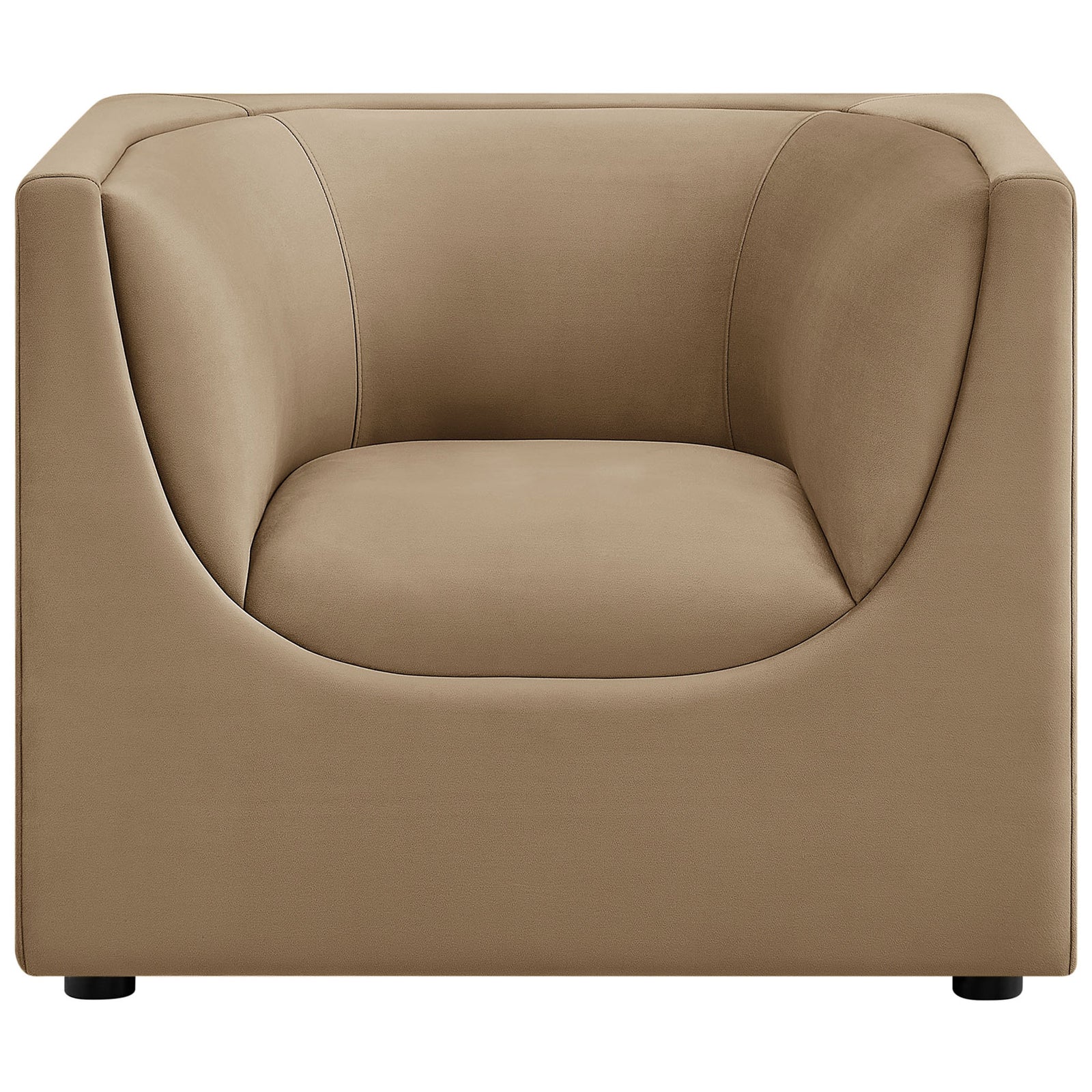Taupe performance velvet armchair with sculpted wraparound back and plush seat. || EEI-7566-TAU || front_studio