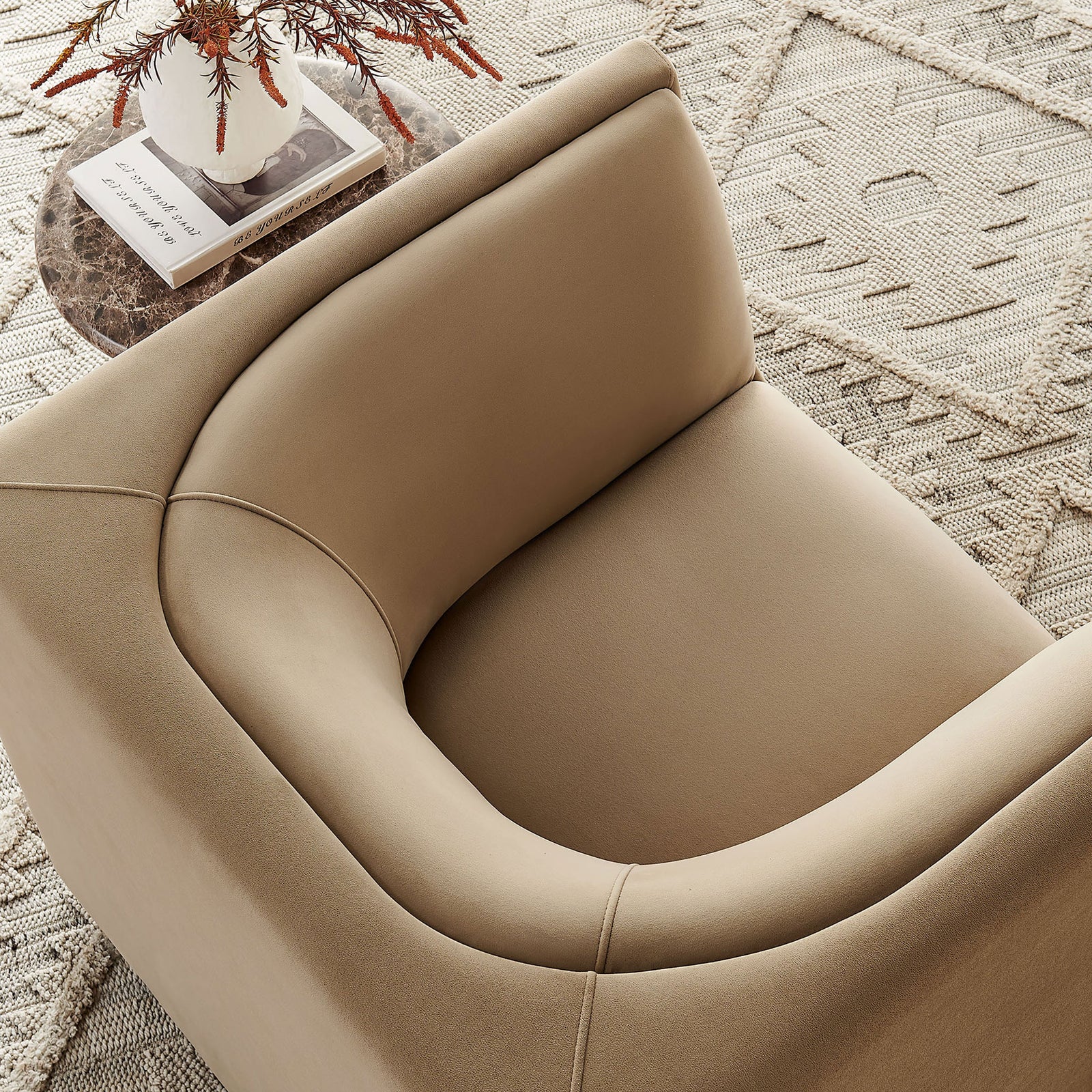 Textural taupe velvet and elegant stitching add polish to everyday lounging. || EEI-7566-TAU || detail_room