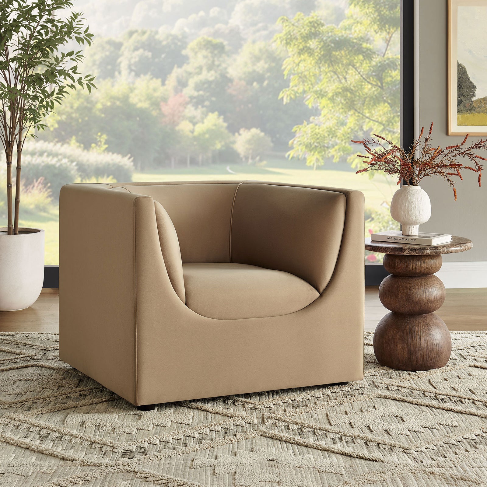 Elevates the room with warm taupe velvet, geometric form, and cozy embrace. || EEI-7566-TAU || front_angle_room