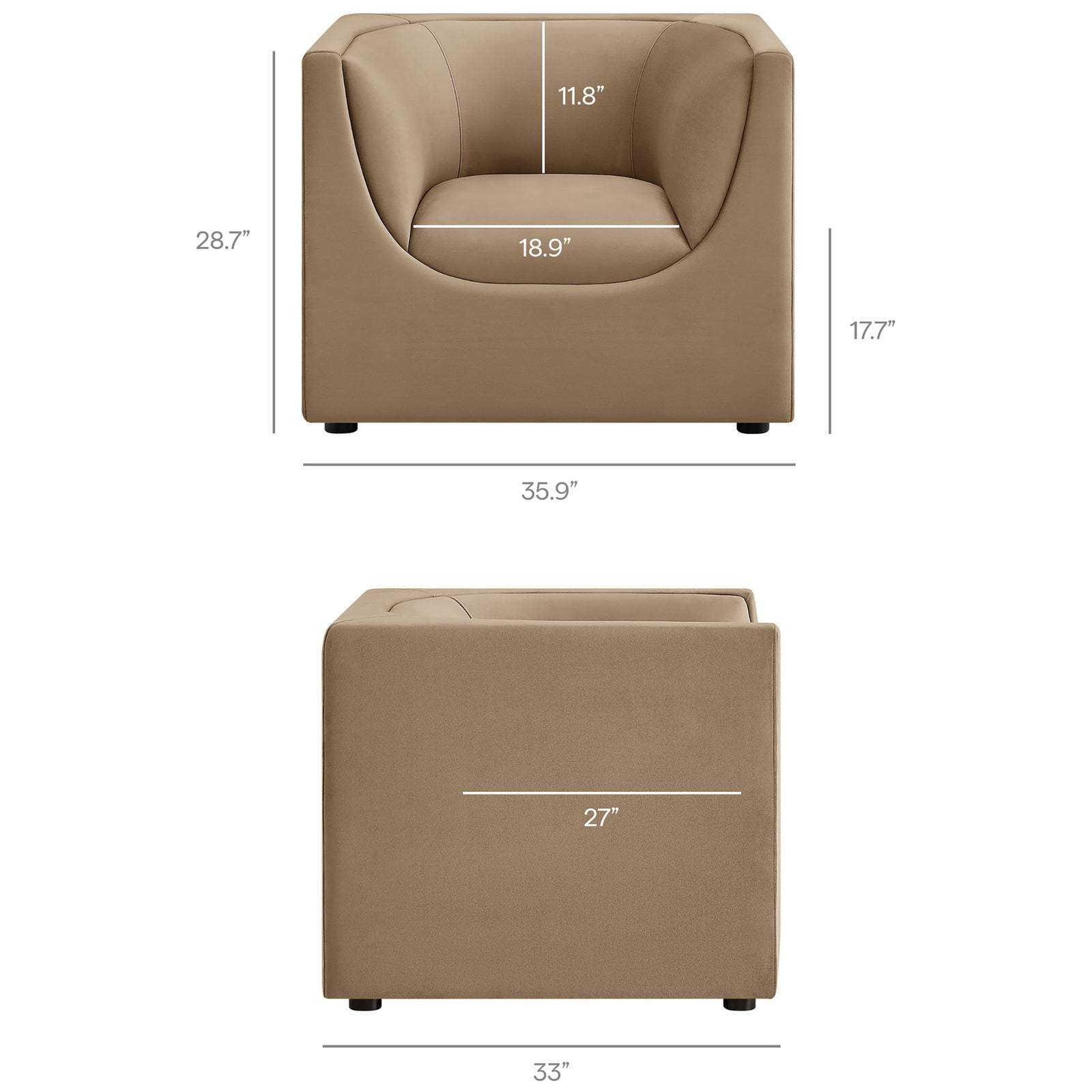 Sized for modern living rooms with generous seat depth and supportive curved back. || EEI-7566-TAU || dimension_studio