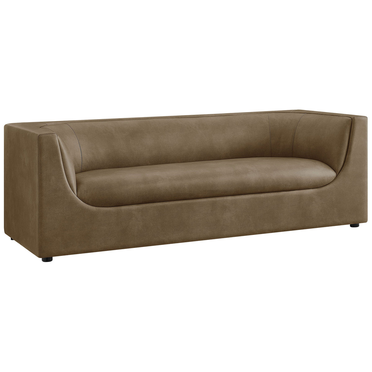 Low profile mushroom vegan leather sofa showcasing continuous curved arms and tailored minimalist lines || EEI-7567-MUS || front_angle_studio