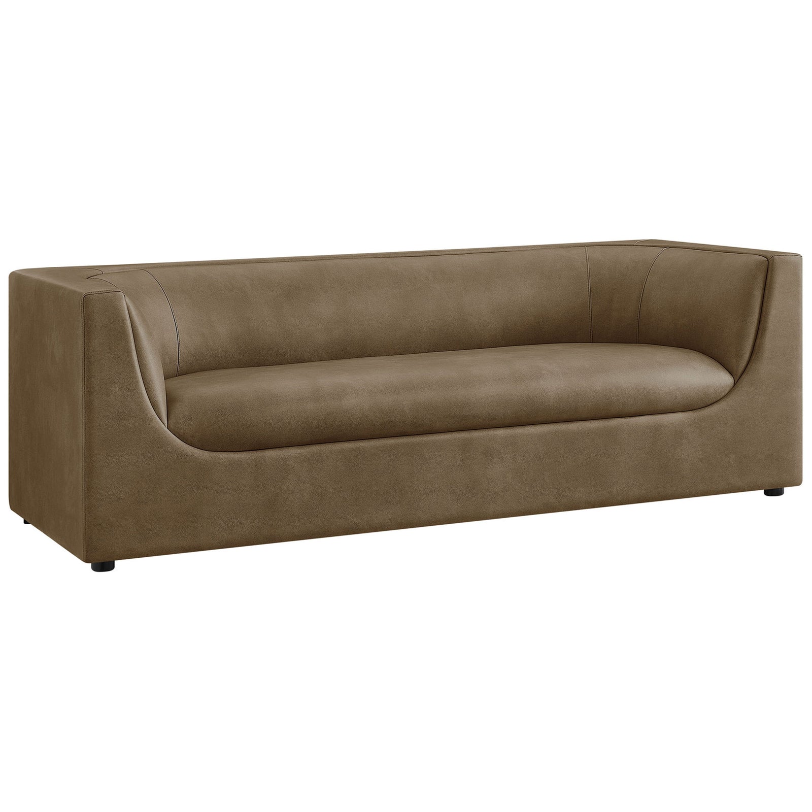 Low profile mushroom vegan leather sofa showcasing continuous curved arms and tailored minimalist lines || EEI-7567-MUS || front_angle_studio