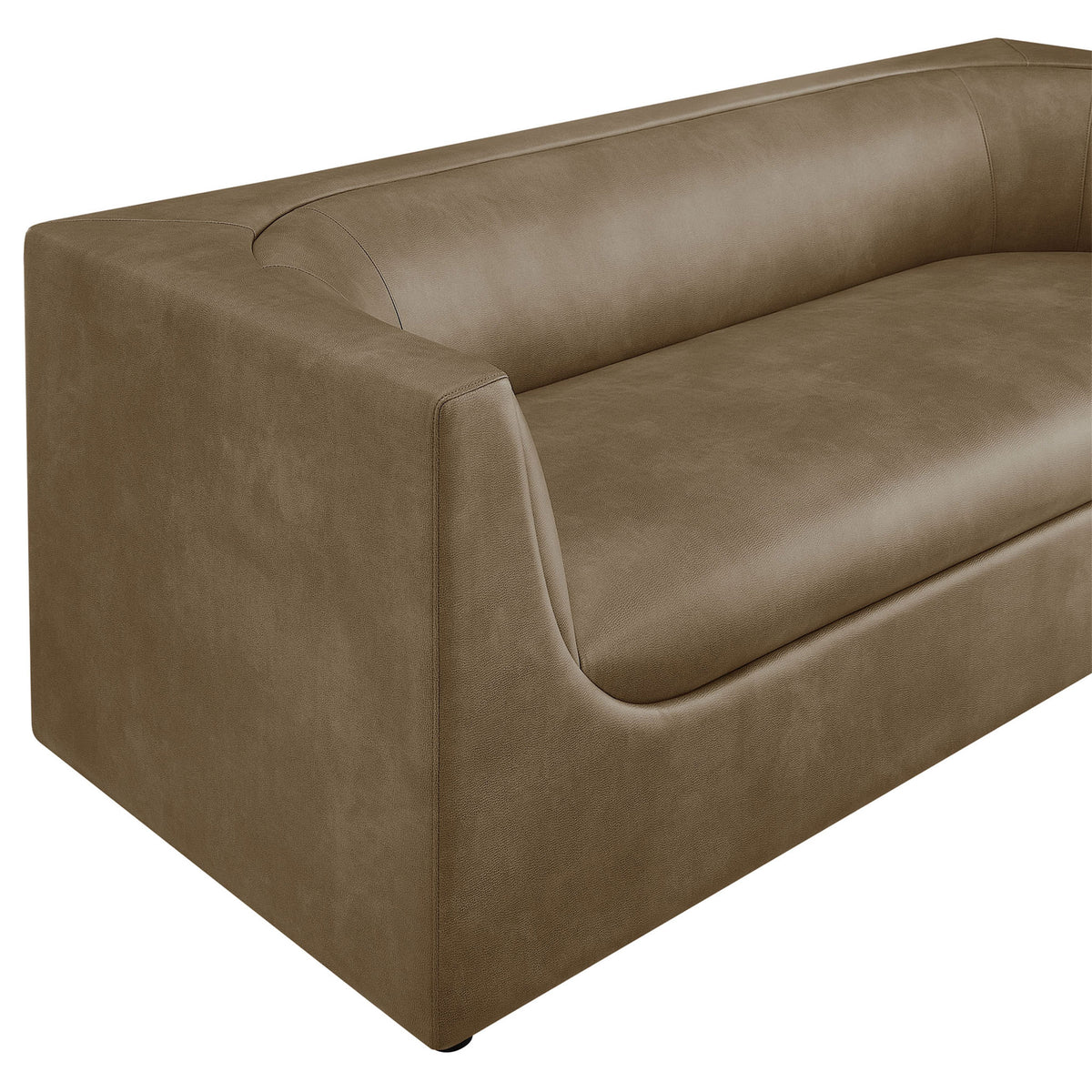 Arm and seat of the sofa, featuring smooth mushroom vegan leather and precise tailored seams || EEI-7567-MUS || detail_studio