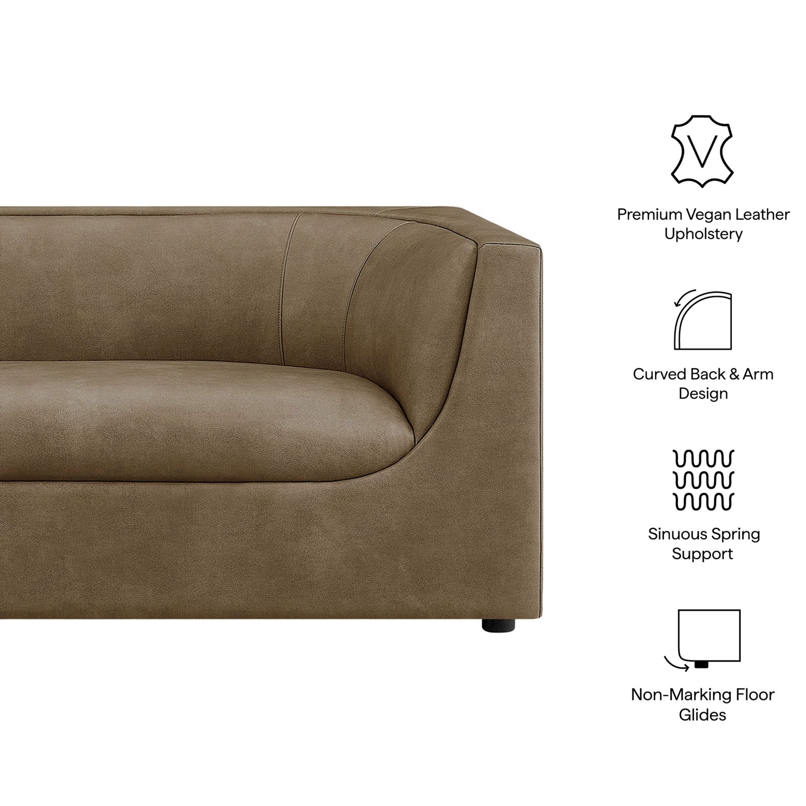 Mushroom vegan leather sofa highlighting premium upholstery, curved back design, and non-marking floor glides || EEI-7567-MUS || callout_studio