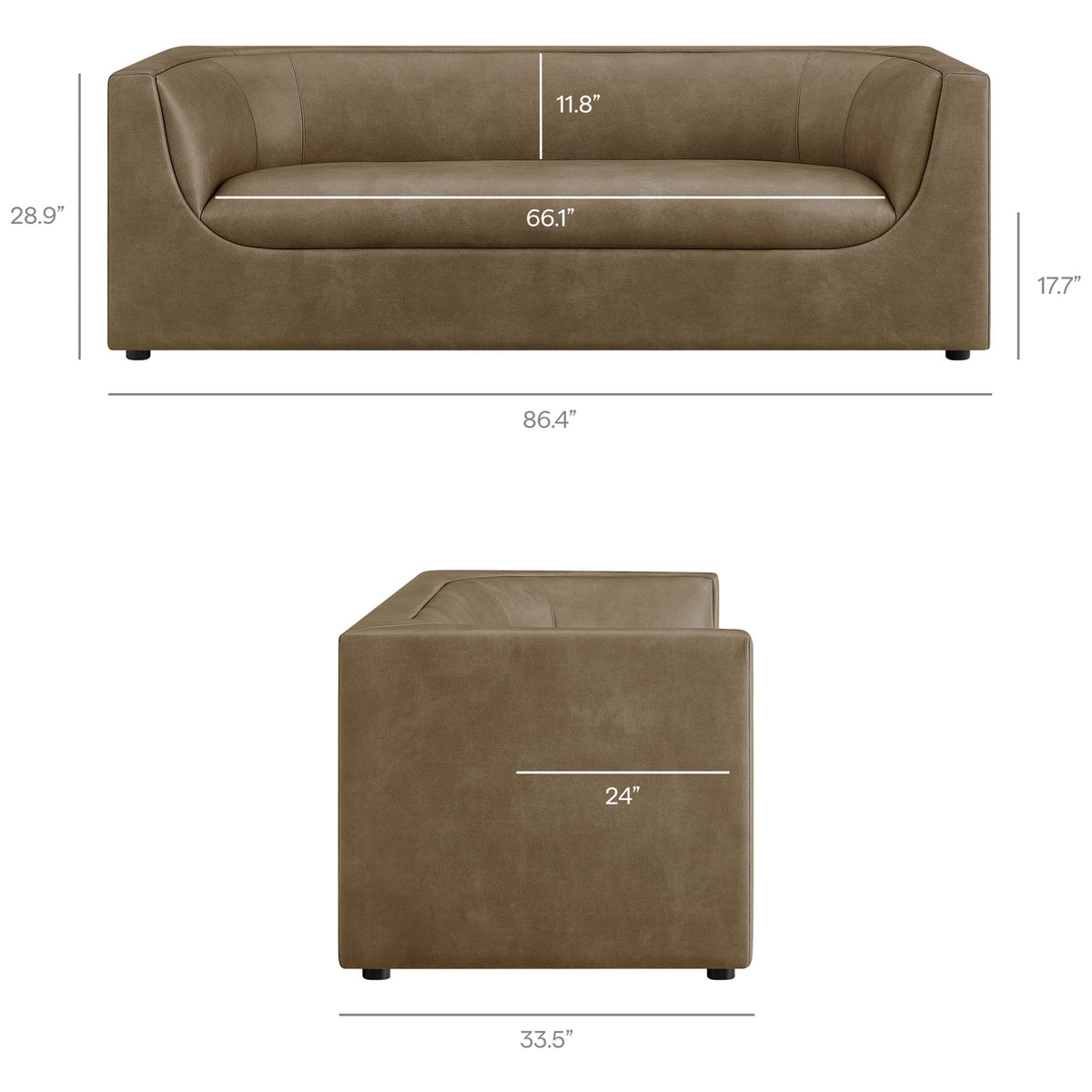 Dimensions of the mushroom vegan leather sofa with generous seating width and low, gently sloped arms || EEI-7567-MUS || dimension_studio