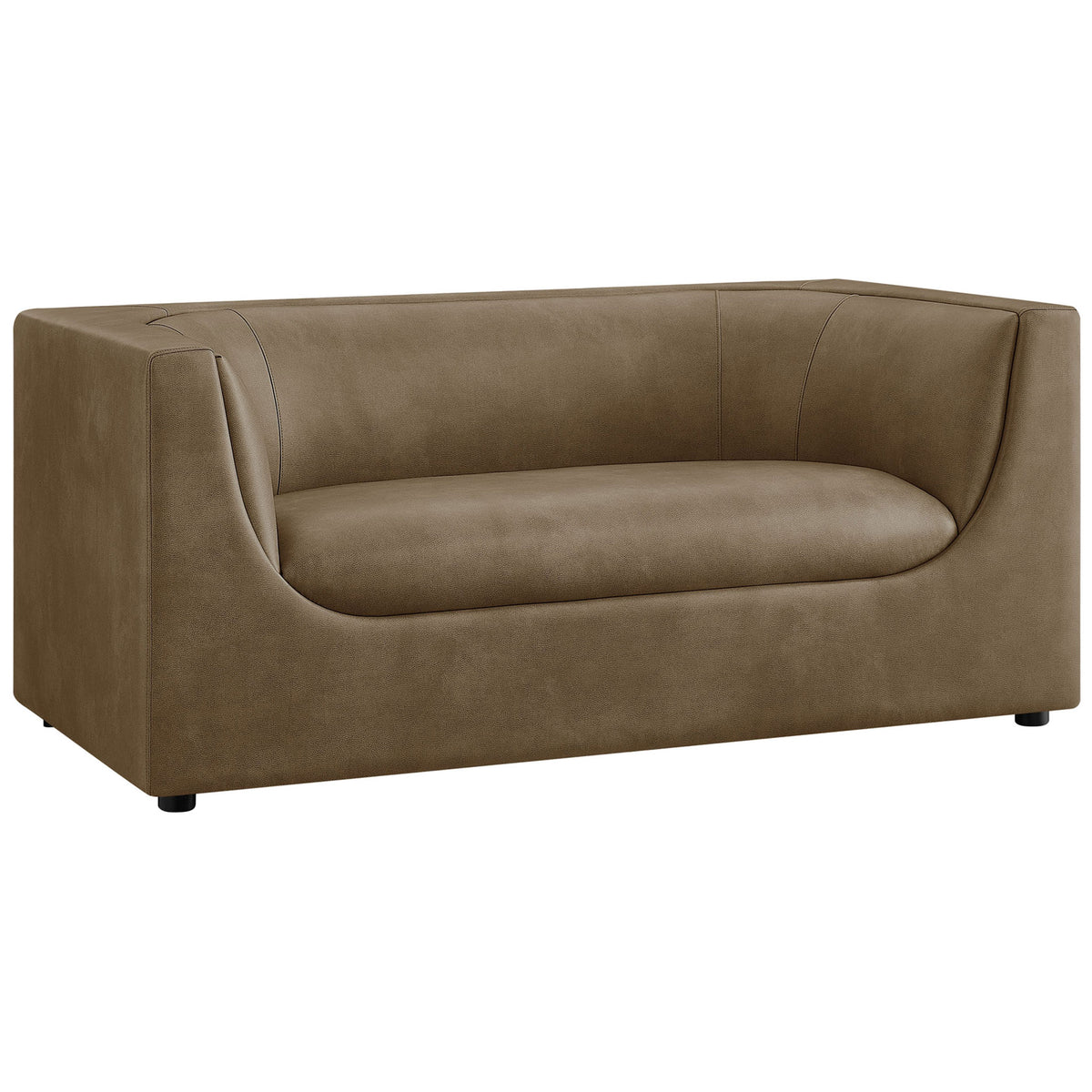 Low-profile mushroom vegan leather loveseat with sculpted arms and modern block silhouette || EEI-7568-MUS || front_angle_studio