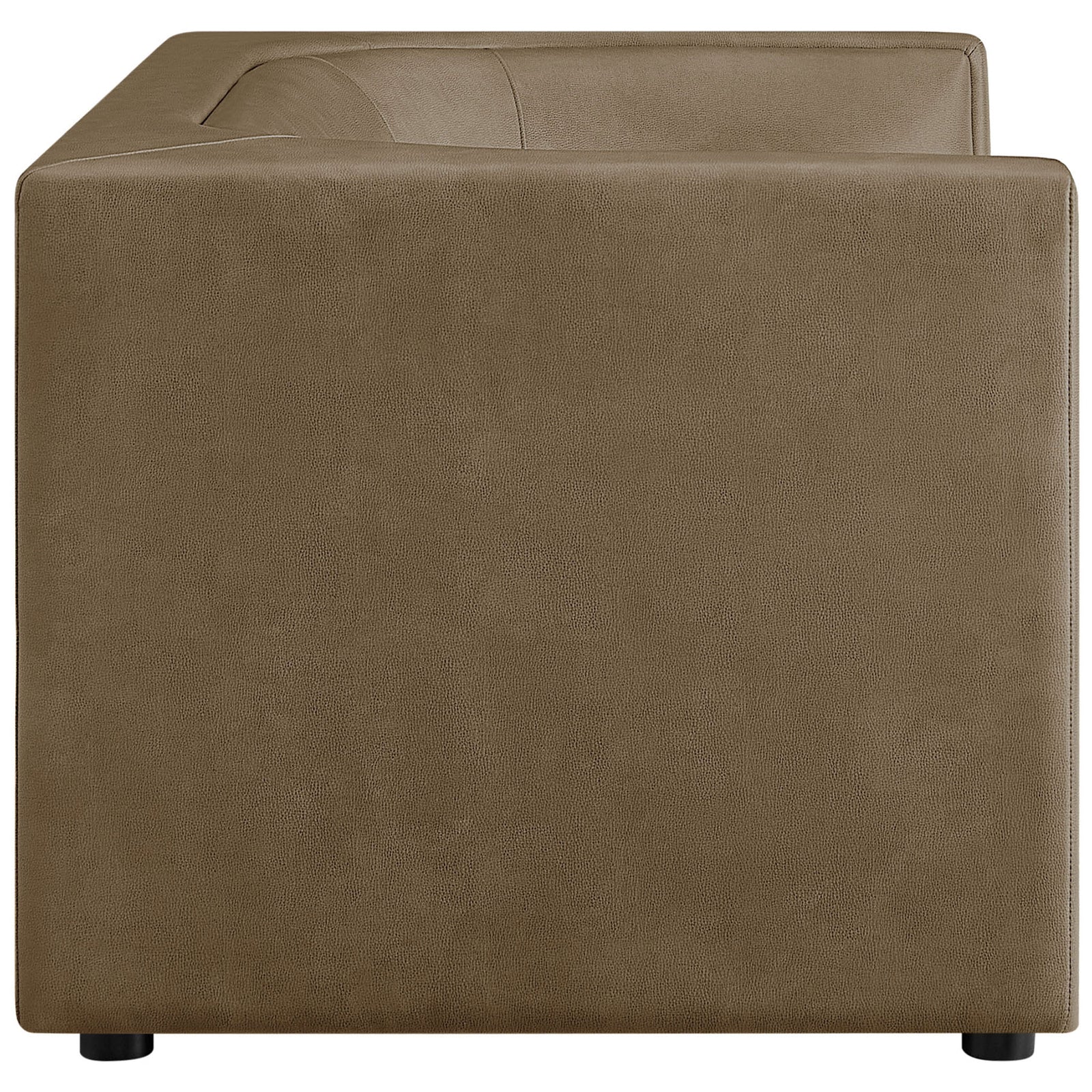 Boxy side profile loveseat in mushroom vegan leather with smooth, uninterrupted paneling || EEI-7568-MUS || side_studio