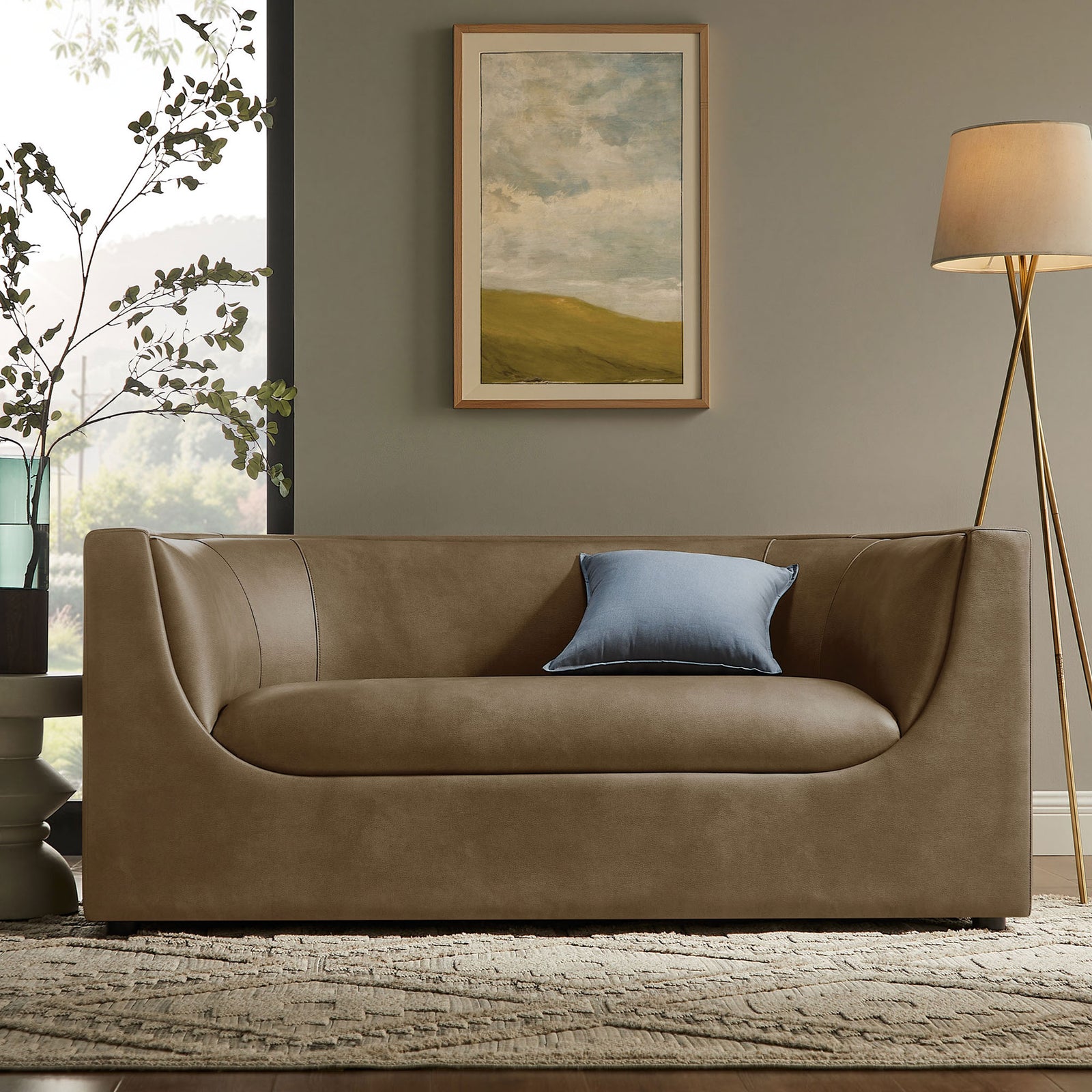 Mushroom vegan leather loveseat styled in a cozy living room with pillow, rug, and floor lamp || EEI-7568-MUS || front_room
