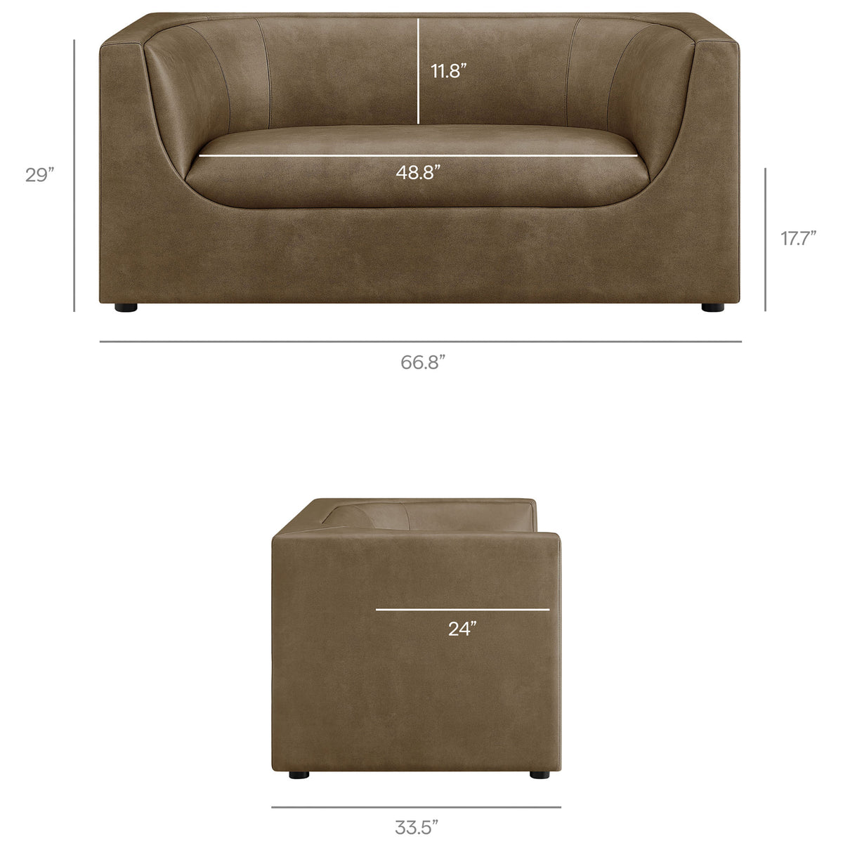 Loveseat dimensions clearly shown for width, depth, height, and seat height in a compact 67 inch frame || EEI-7568-MUS || dimension_studio