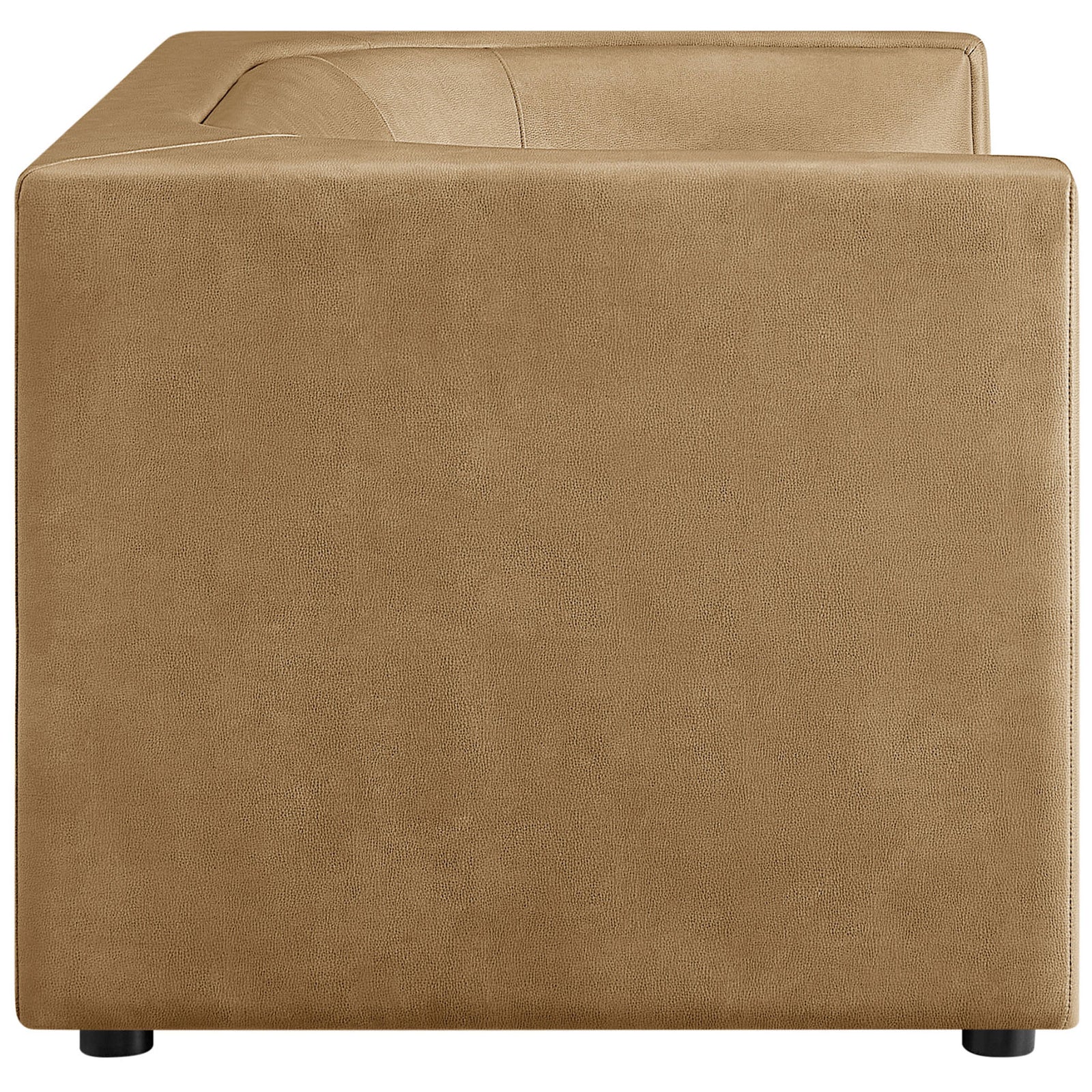 Block arm silhouette loveseat in toast vegan leather with sleek panels and tailored seams. || EEI-7568-TST || side_studio