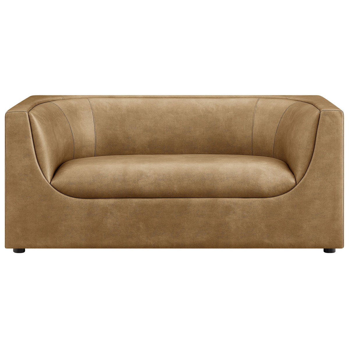 Curved toast vegan leather loveseat with deep bench cushion and wraparound arms. || EEI-7568-TST || front_studio