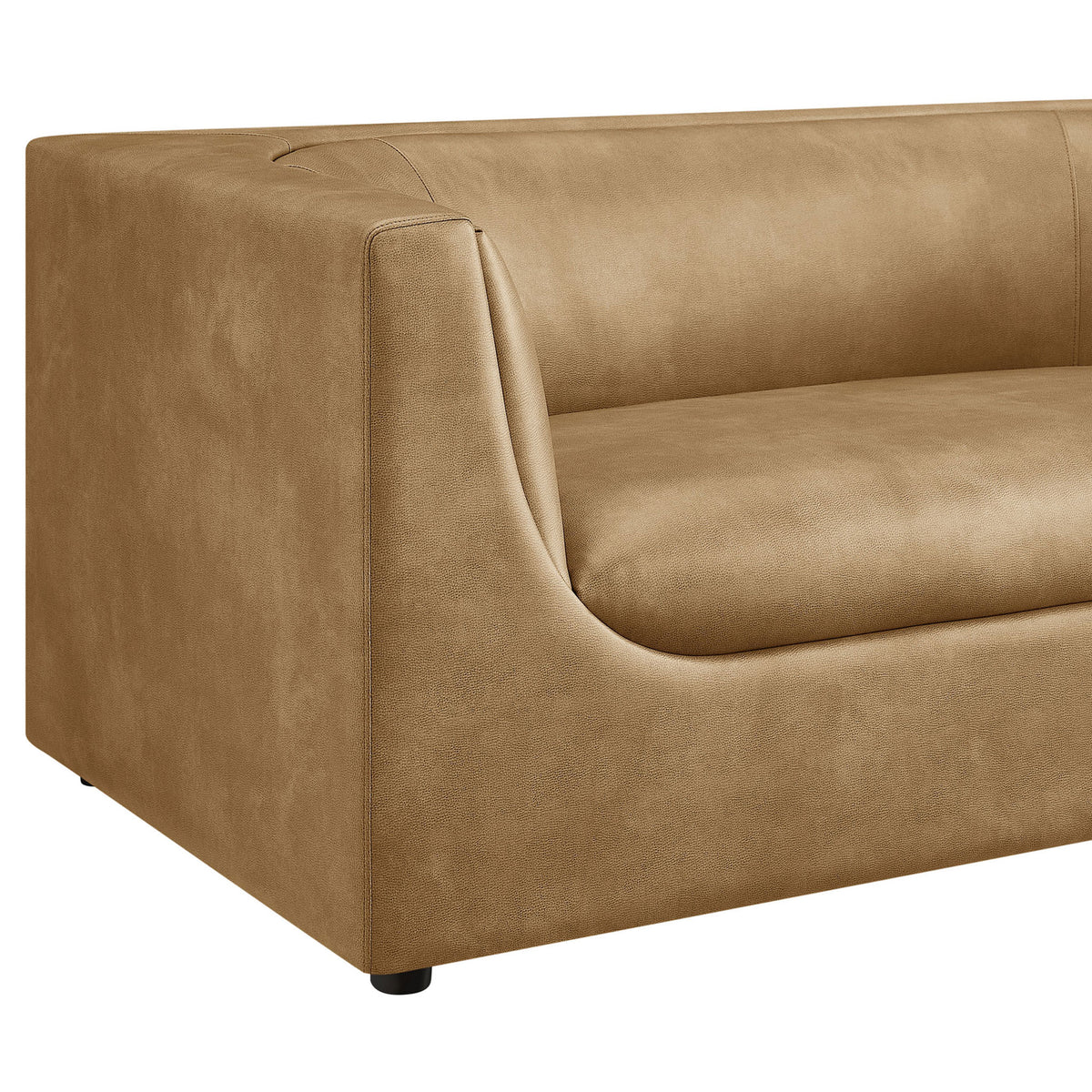 Sculpted arm detail of toast vegan leather loveseat with soft curves and refined stitching. || EEI-7568-TST || detail_studio