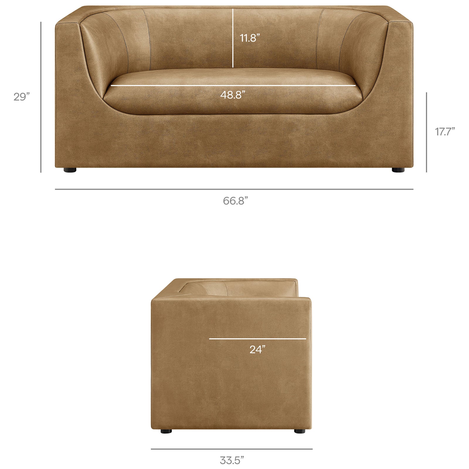Dimension details for toast vegan leather loveseat including key height, width, depth, and seat sizes. || EEI-7568-TST || dimension_studio