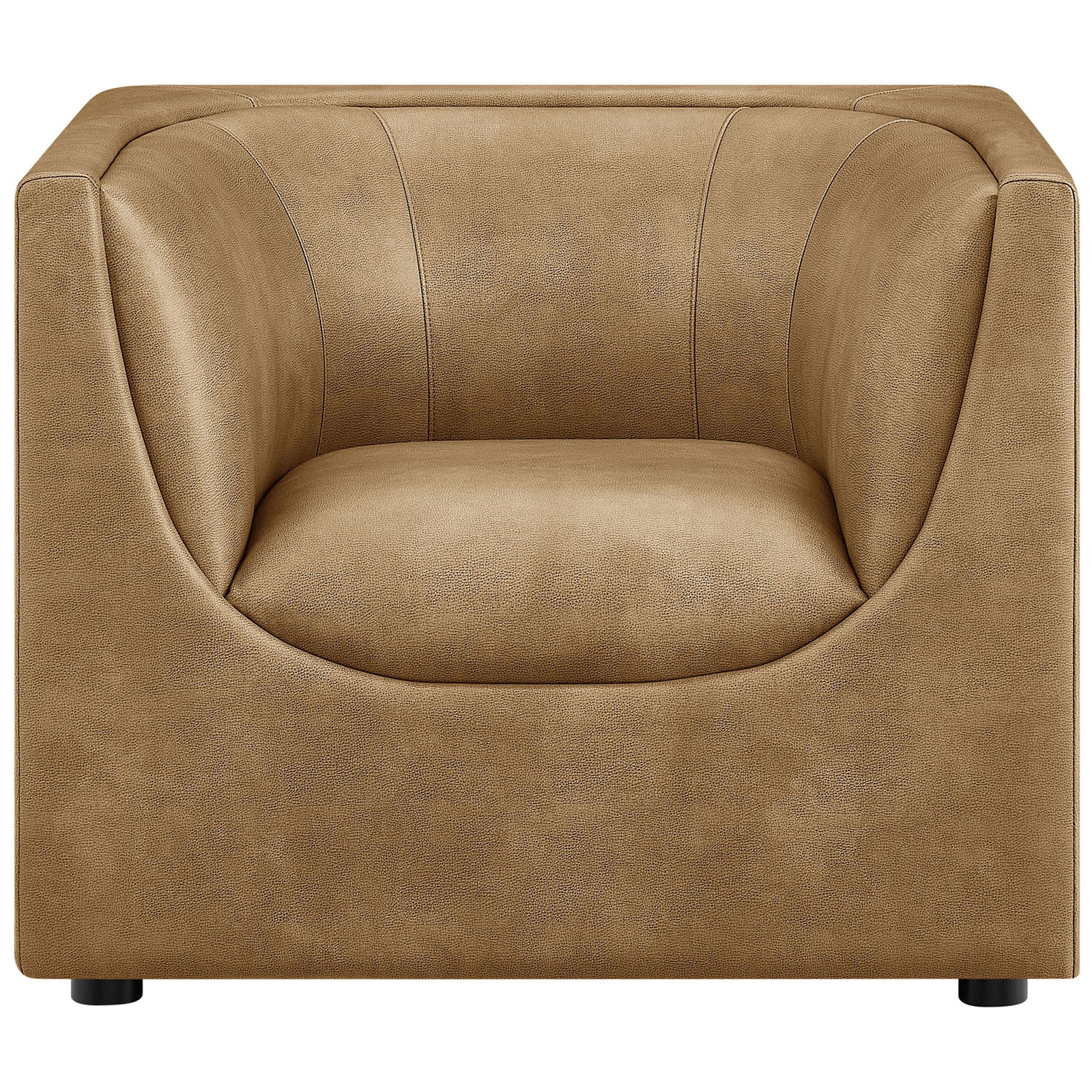 Curved wraparound back and plush seat in pebbled toast vegan leather create sculptural comfort || EEI-7569-TST || front_studio